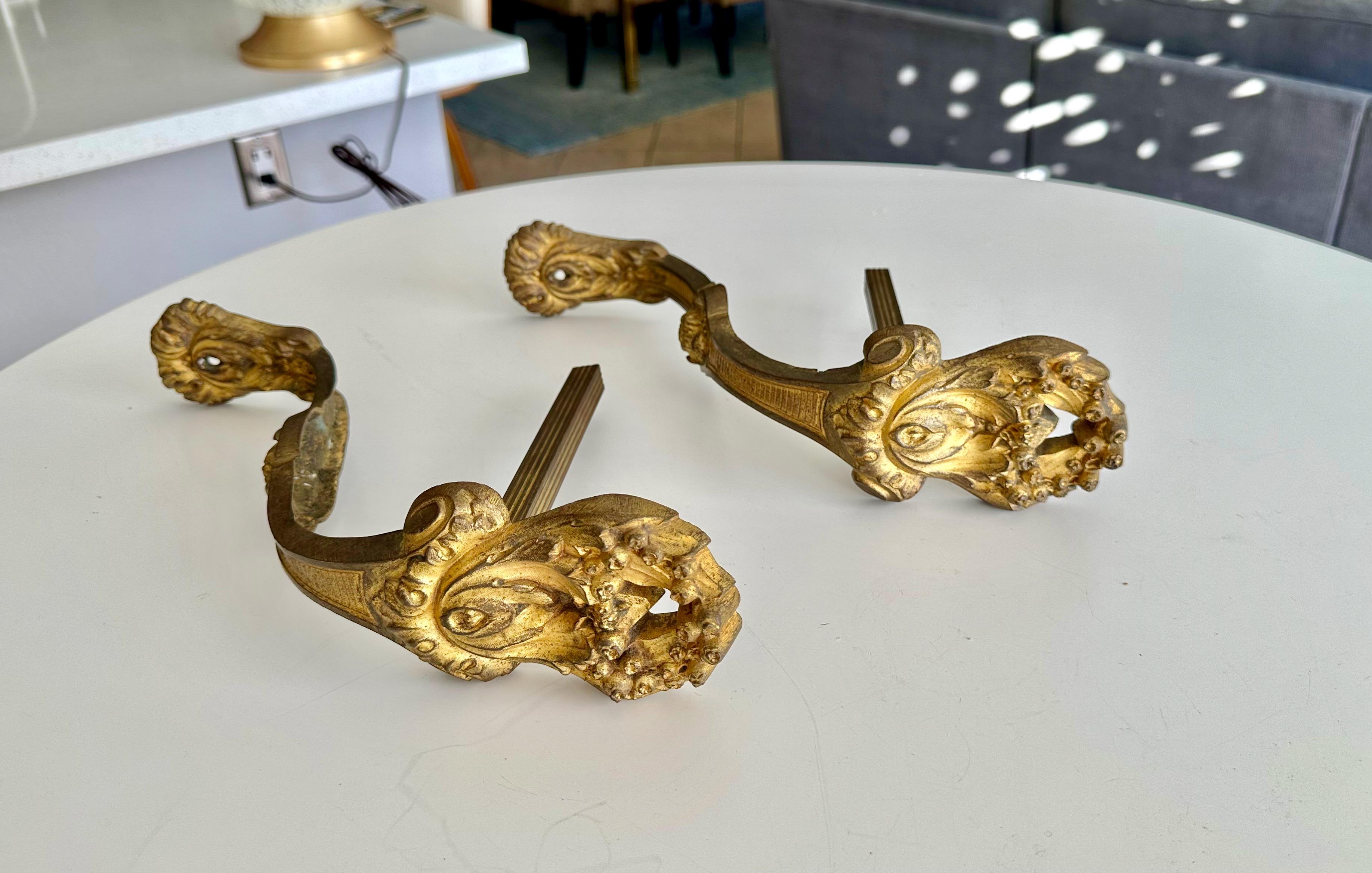 Large Pair Antique French Gilt Bronze Curtain Tie Back Brackets For Sale 3