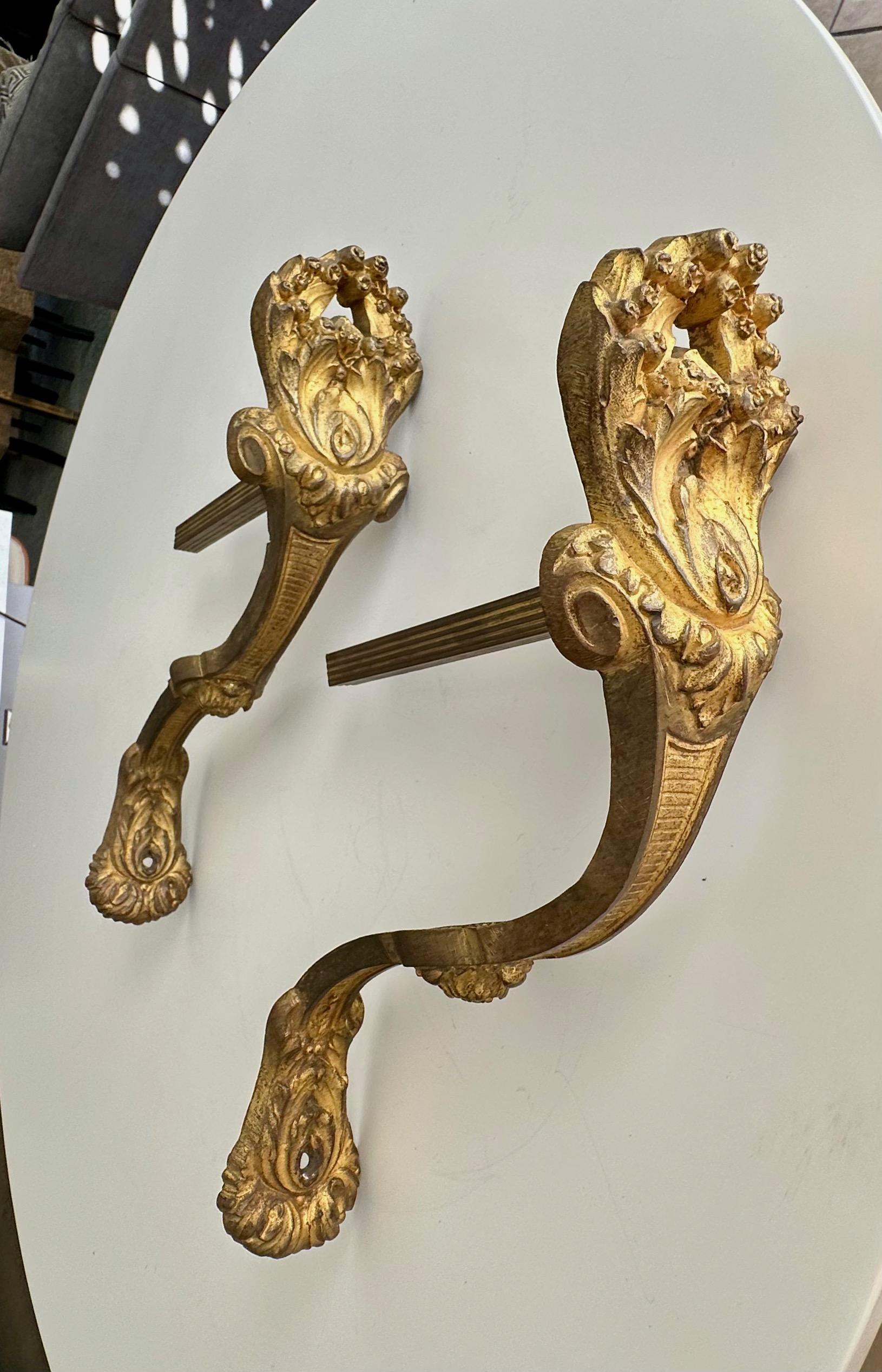 Large Pair Antique French Gilt Bronze Curtain Tie Back Brackets For Sale 4