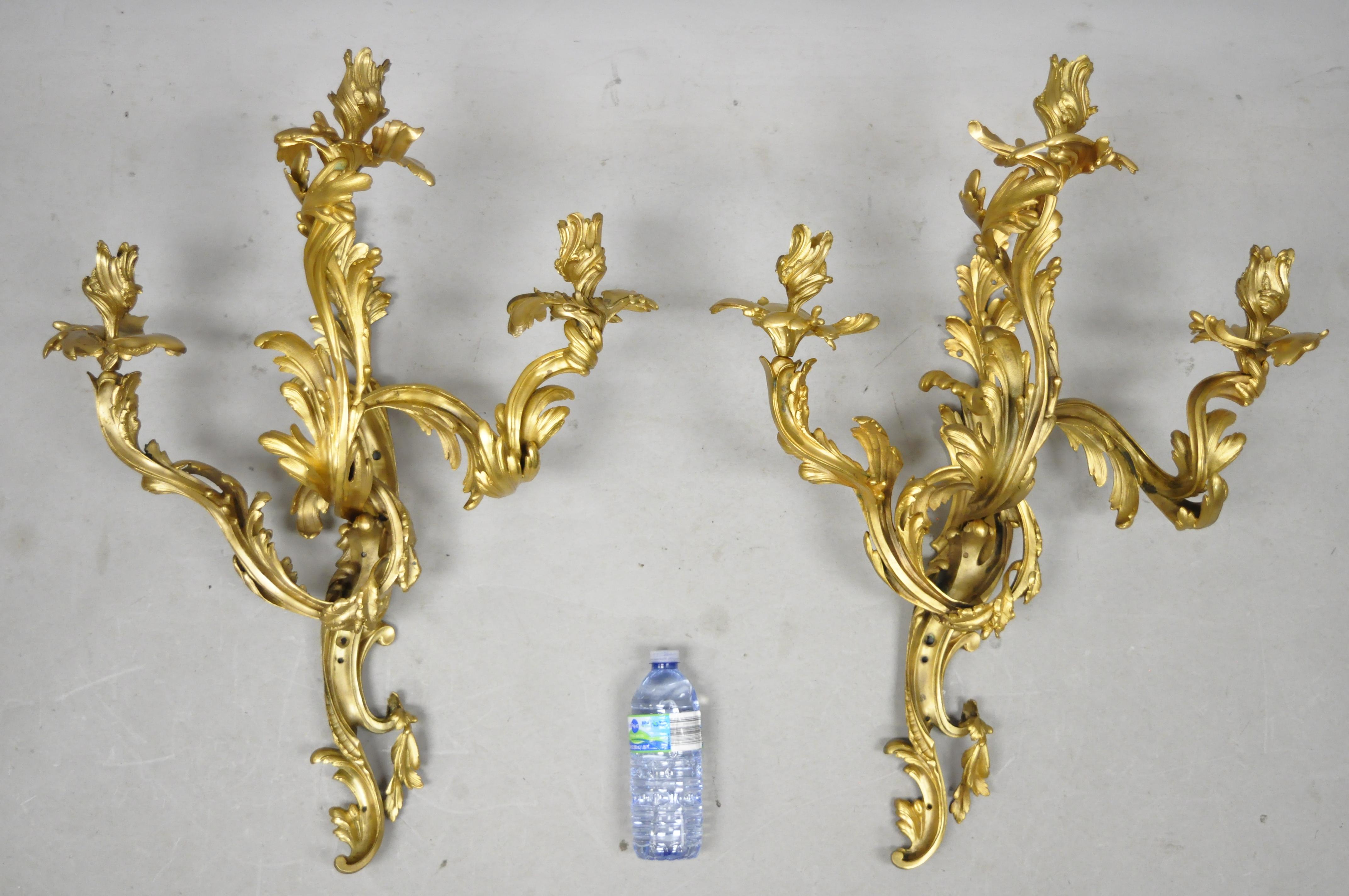Large Pair of Antique French Rococo Gold Gilt Dore Bronze Candle Wall Sconces 5