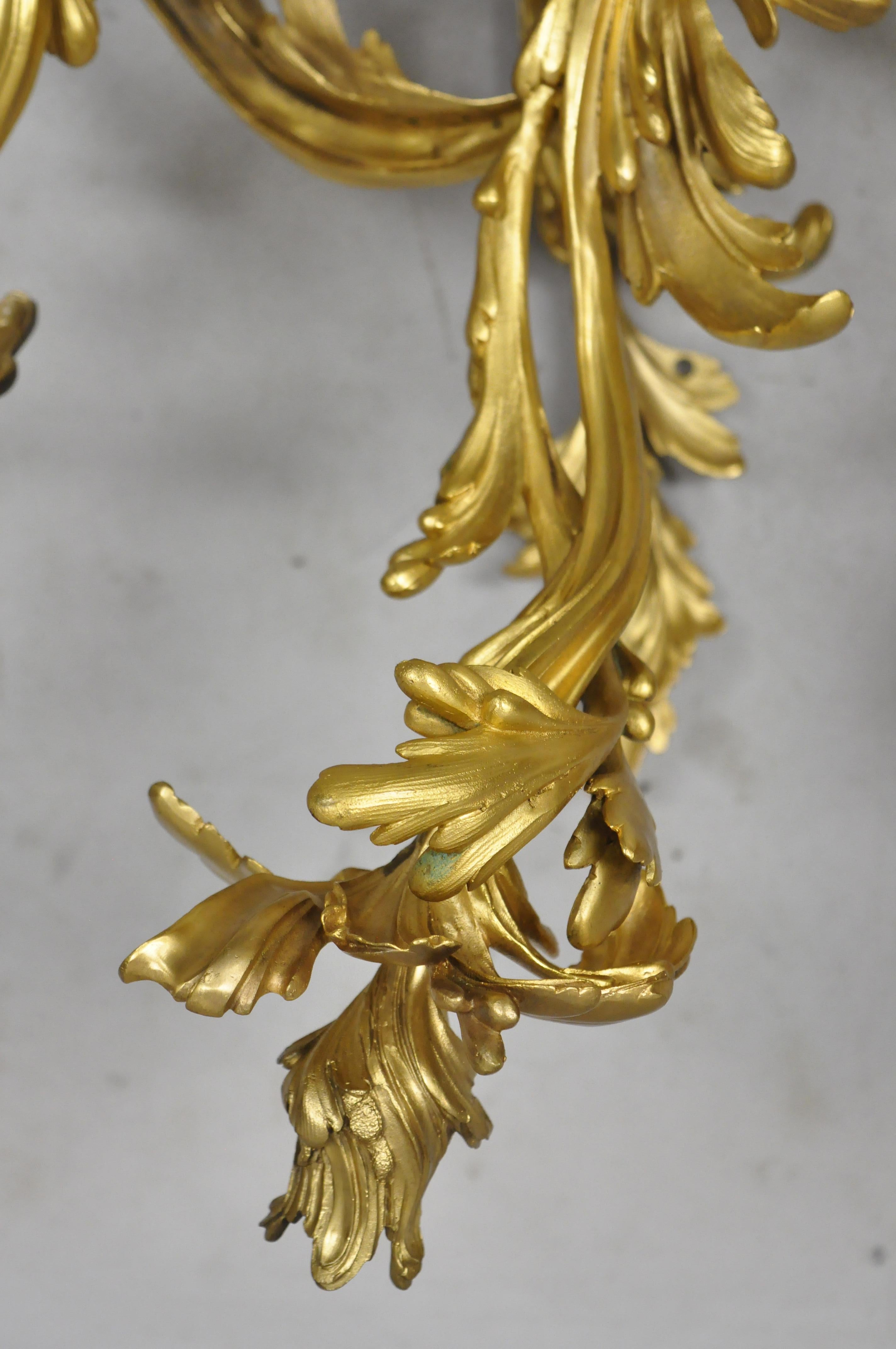 Large Pair of Antique French Rococo Gold Gilt Dore Bronze Candle Wall Sconces In Good Condition In Philadelphia, PA