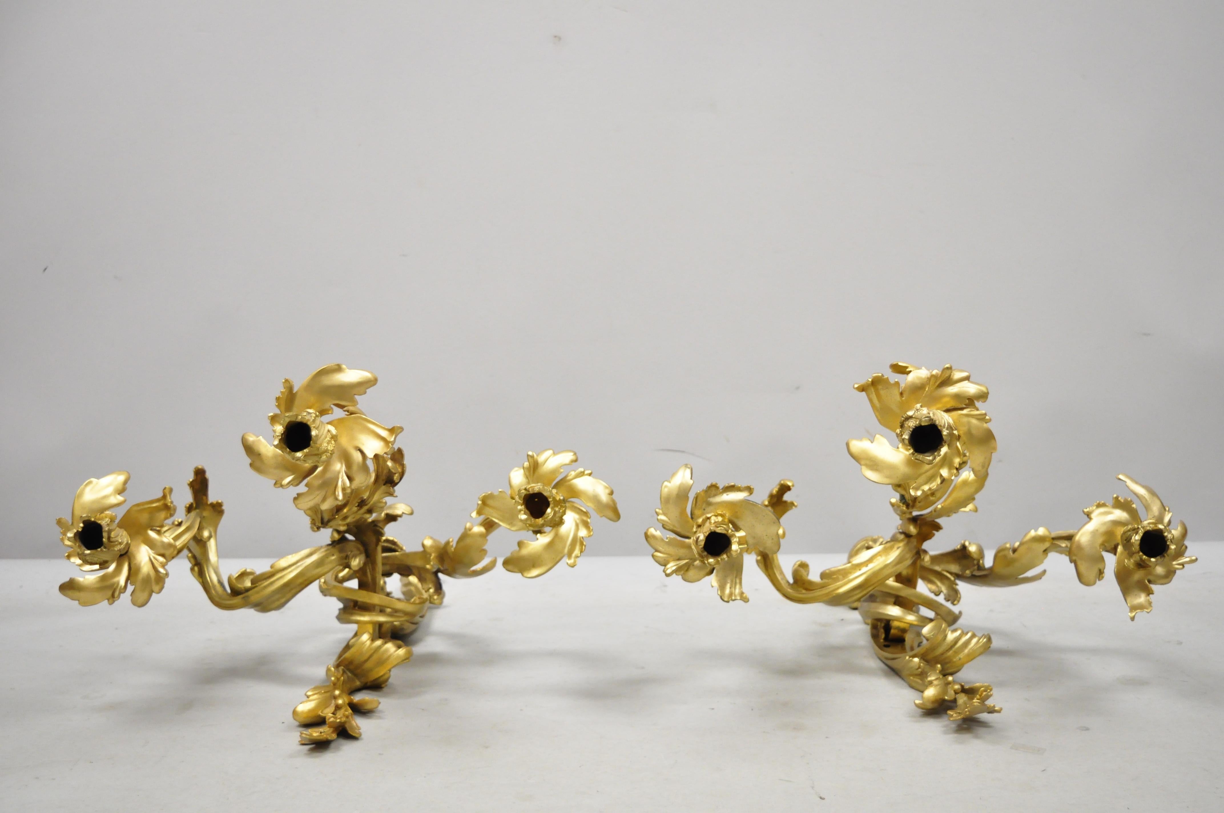 20th Century Large Pair of Antique French Rococo Gold Gilt Dore Bronze Candle Wall Sconces