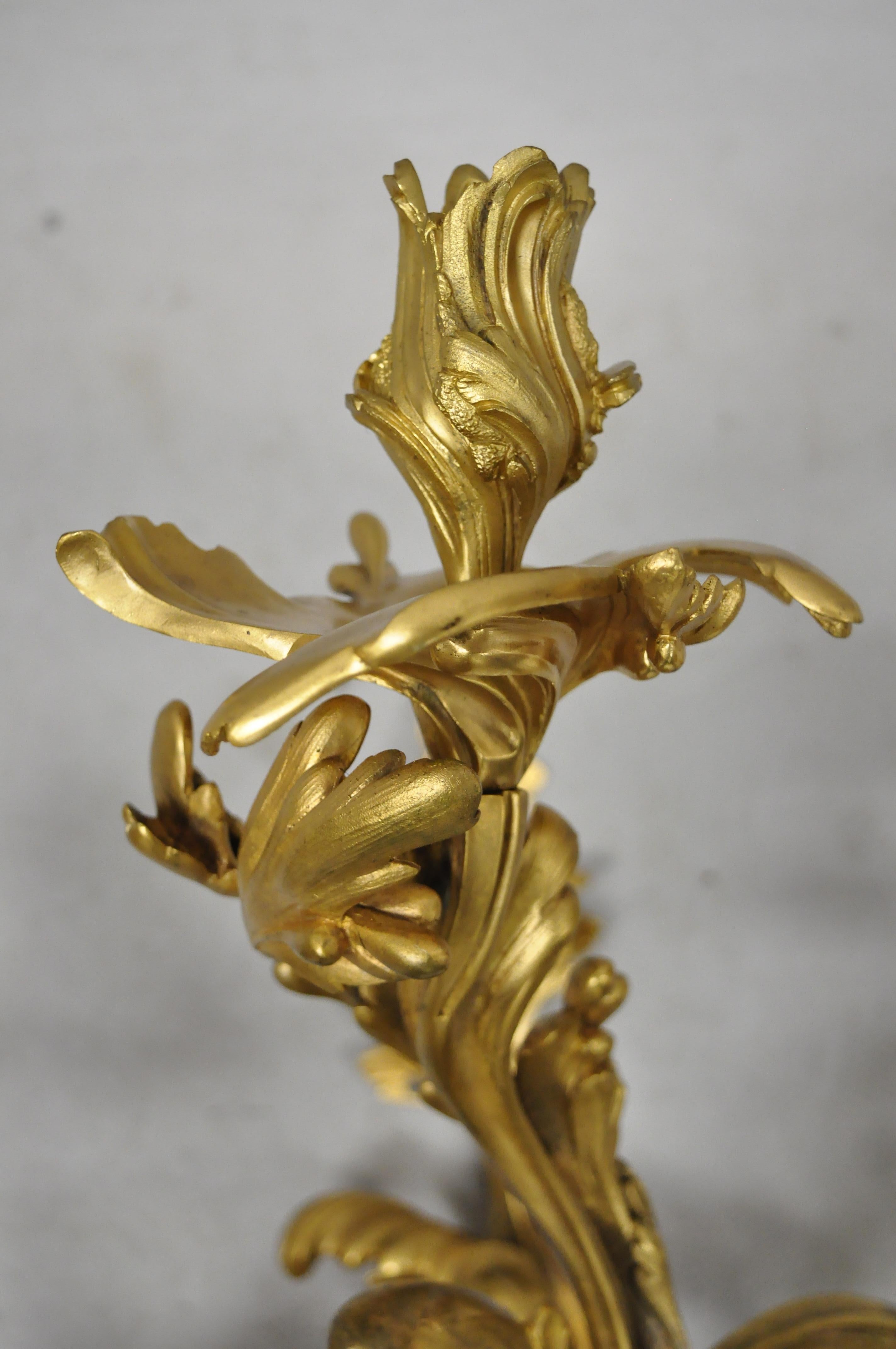 Large Pair of Antique French Rococo Gold Gilt Dore Bronze Candle Wall Sconces 2