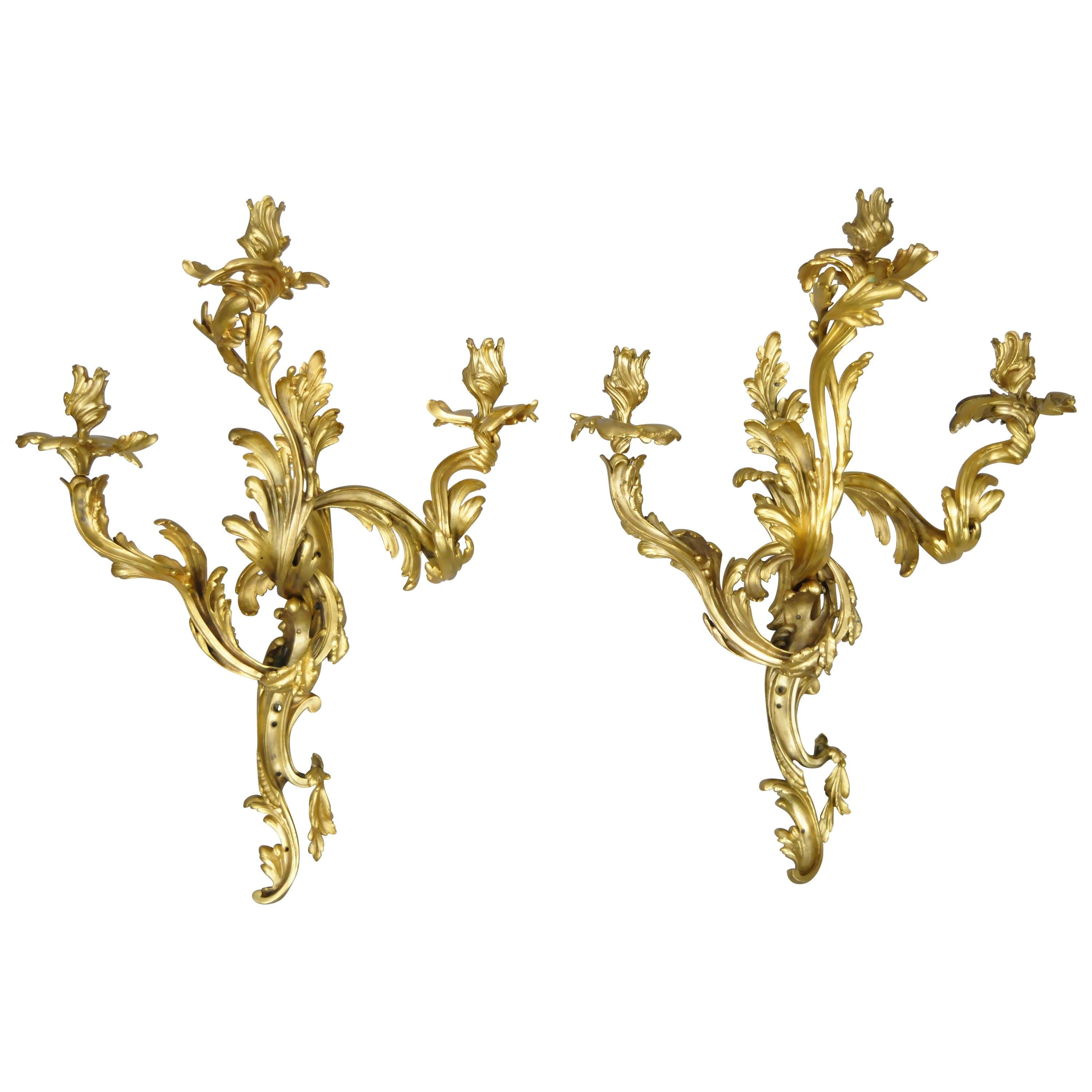 Large Pair of Antique French Rococo Gold Gilt Dore Bronze Candle Wall Sconces