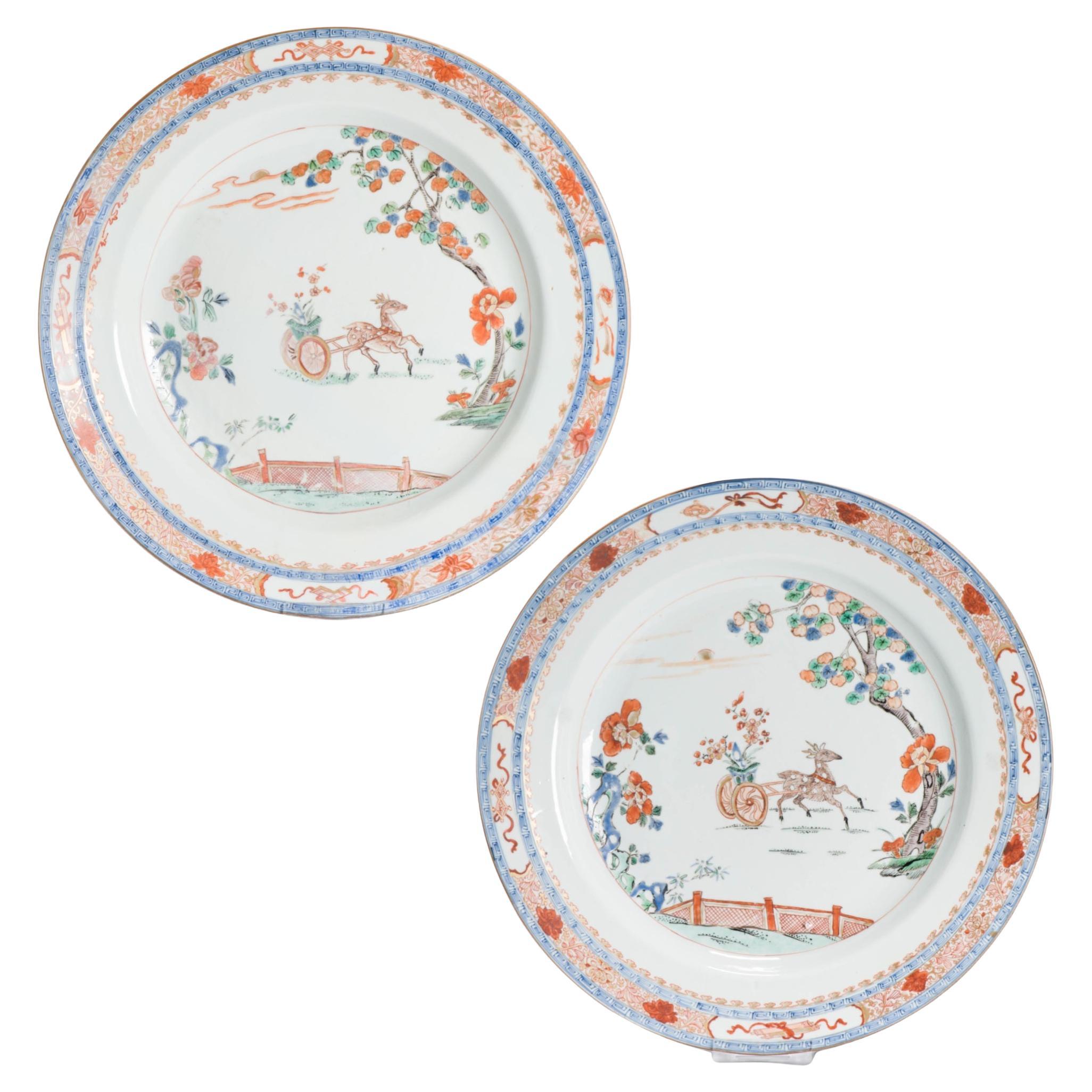 Large Pair Antique Kangxi/Yongzheng Chinese Porcelain Chargers Deer Verte
