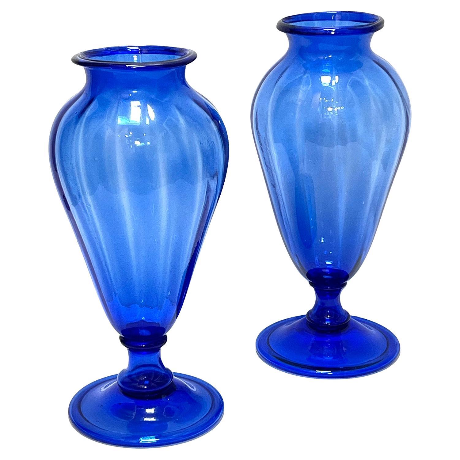 Large Pair Antique Murano Cobalt Blue Amphora Vases