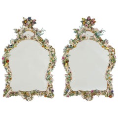 Large Pair Antique Porcelain Rococo Style Floral Flowers Mirrors