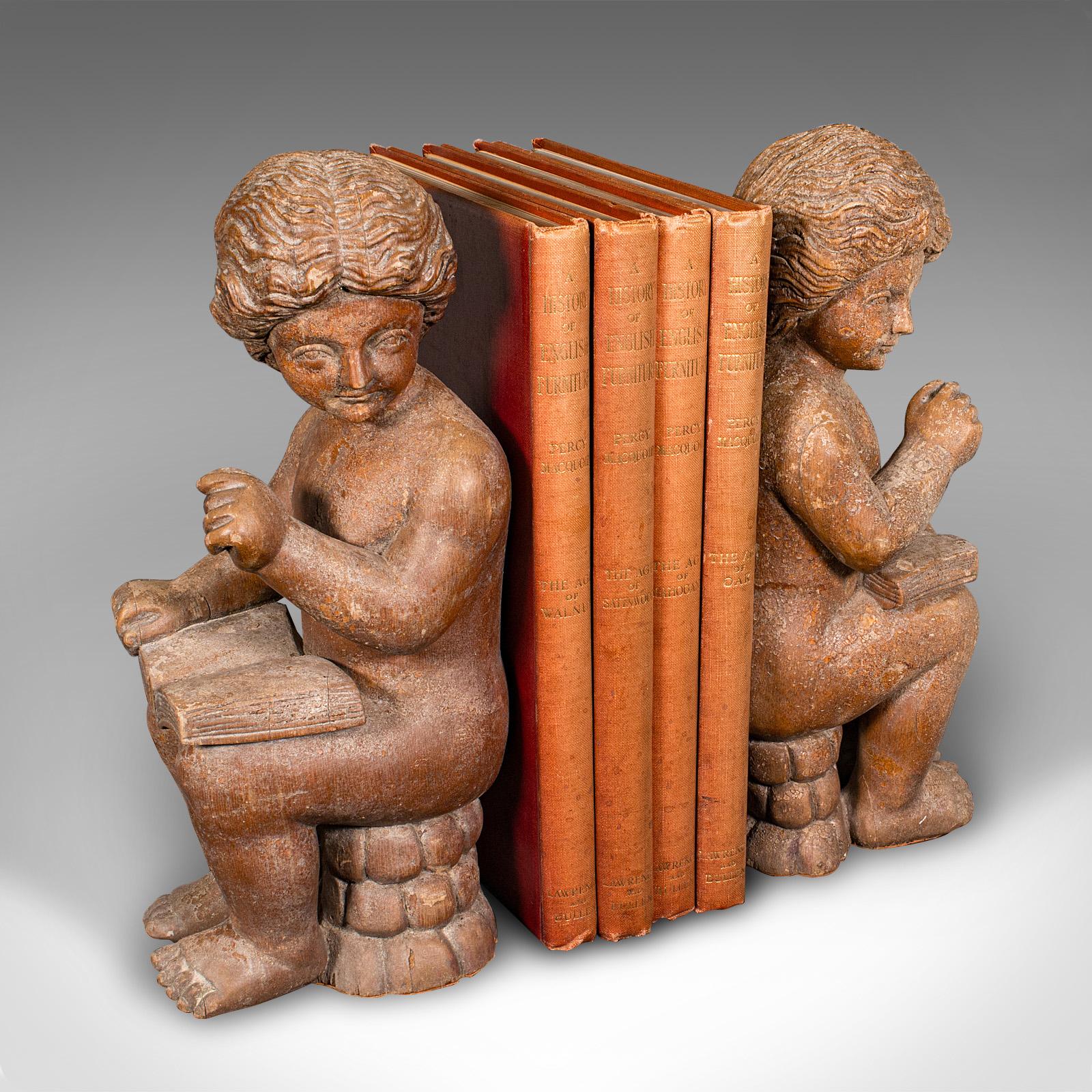 Large Pair, Antique Putti Bookends, Italian Cherub Figures, Book Rest, Victorian For Sale 5