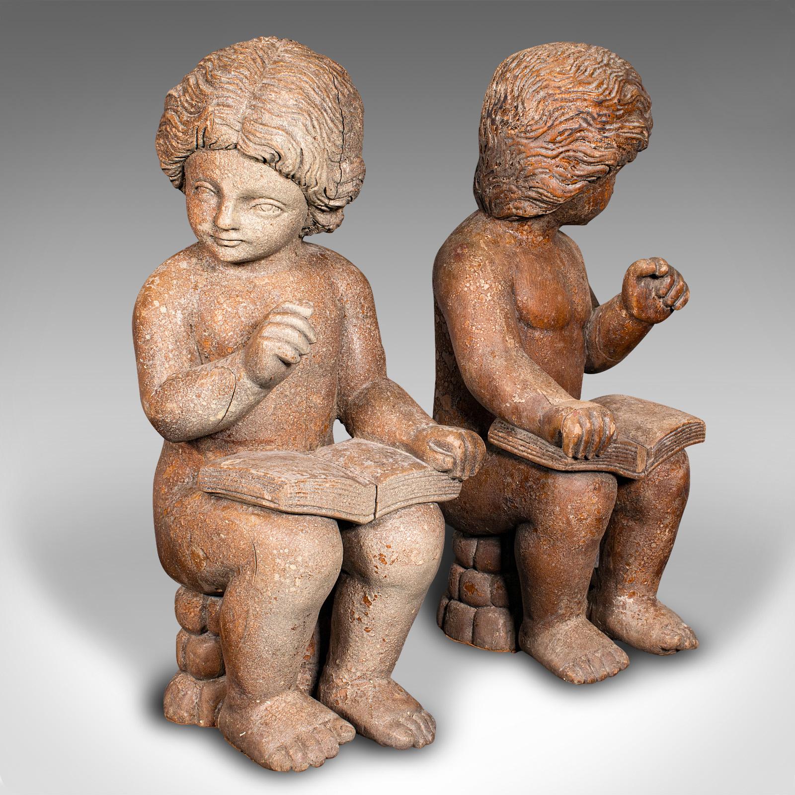 
This is a large pair of antique putti bookends. An Italian, fruitwood cherub figure as book rests, dating to the late Victorian period, circa 1900.

Fascinating figural bookends, with large proportion and distinctive appearance
Presenting a