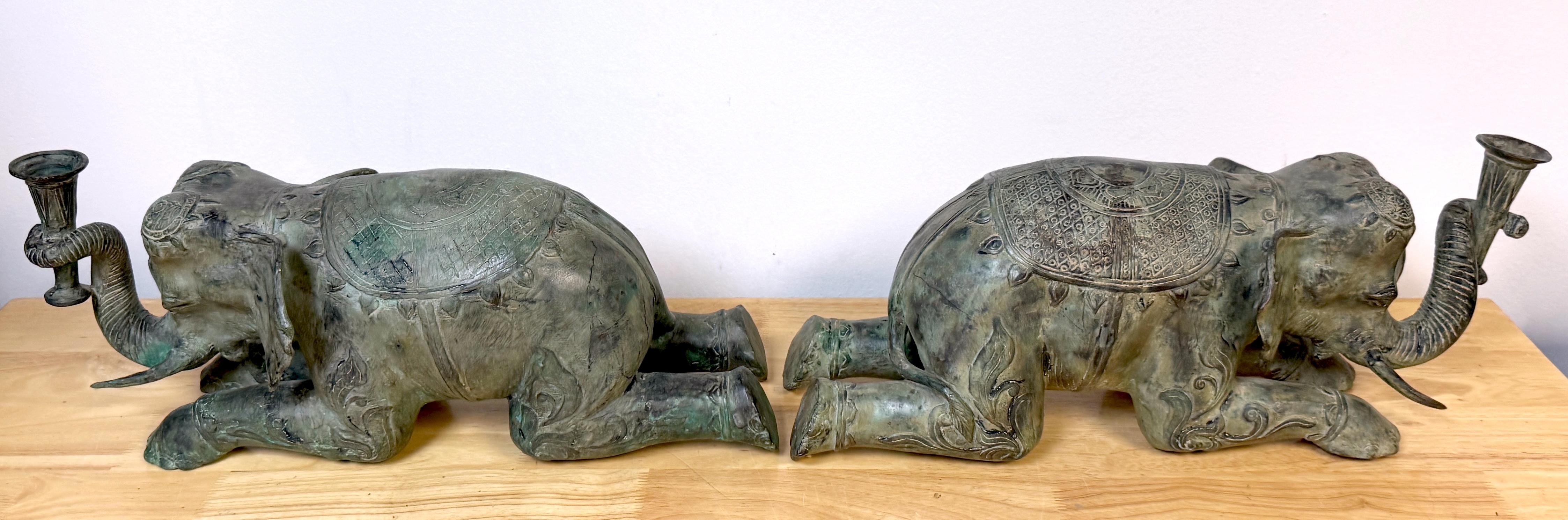Large Pair Asian Bronze Recumbent Processional Elephant Motif Candlesticks For Sale 1