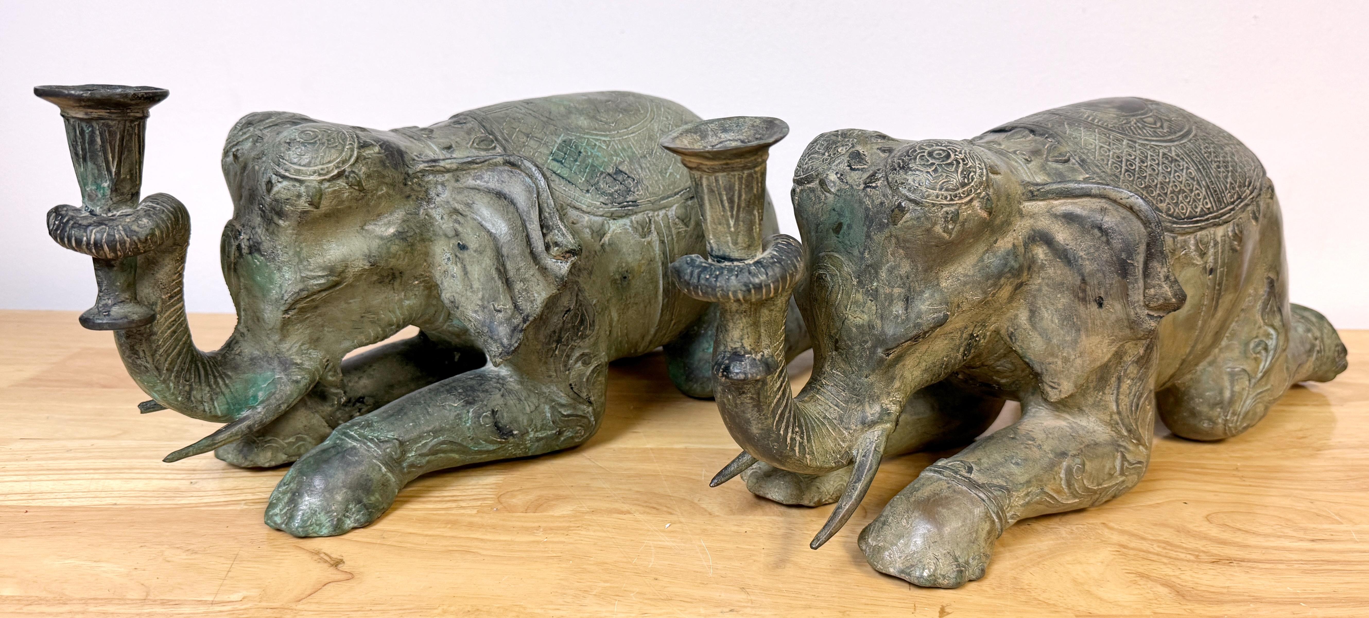 Large Pair Asian Bronze Recumbent Processional Elephant Motif Candlesticks For Sale 2