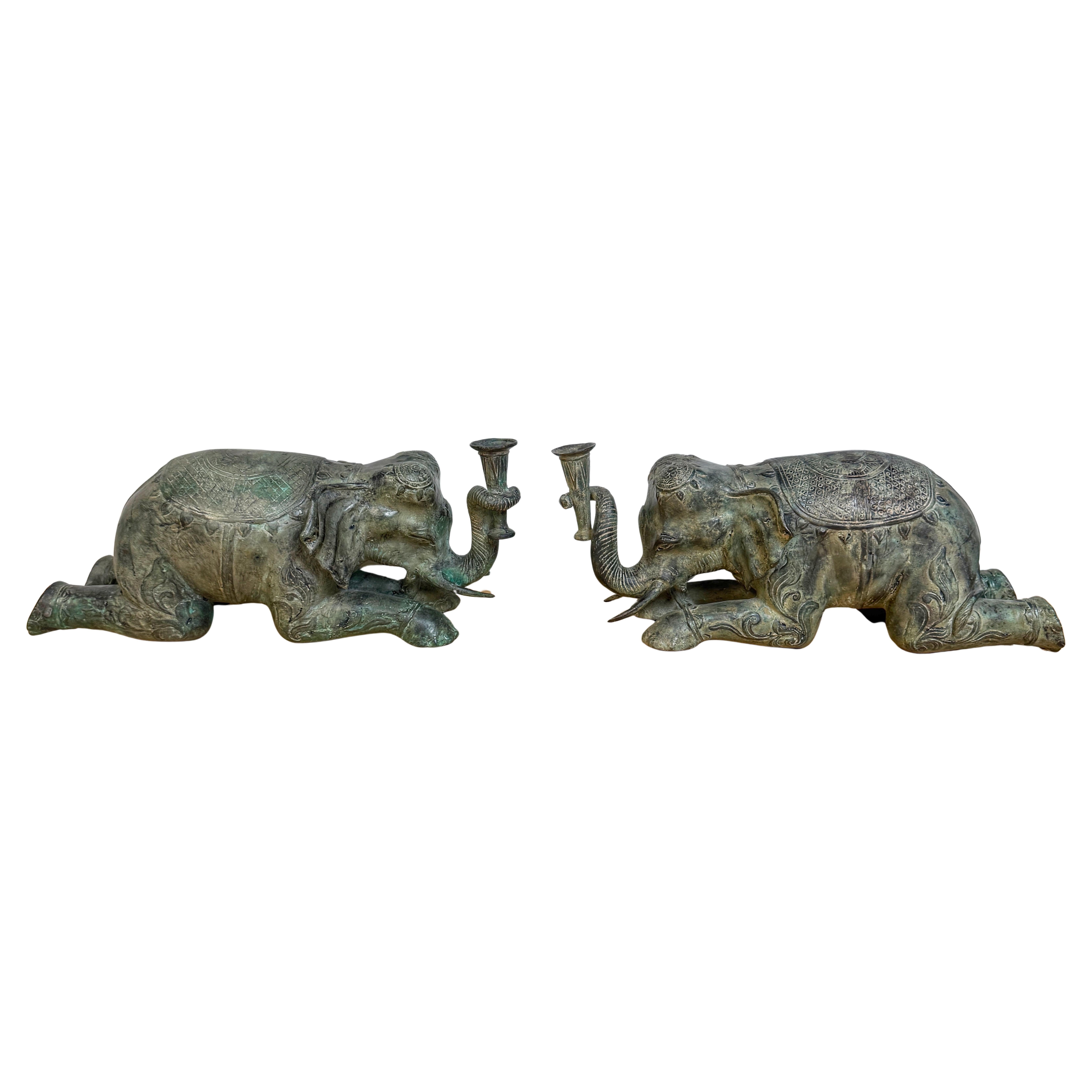 Large Pair Asian Bronze Recumbent Processional Elephant Motif Candlesticks For Sale