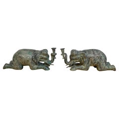 Large Pair Asian Bronze Recumbent Processional Elephant Motif Candlesticks