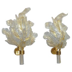 Large Pair Barovier & Toso Leaf Sconces Italian Murano Glass Golden Floral 1970s