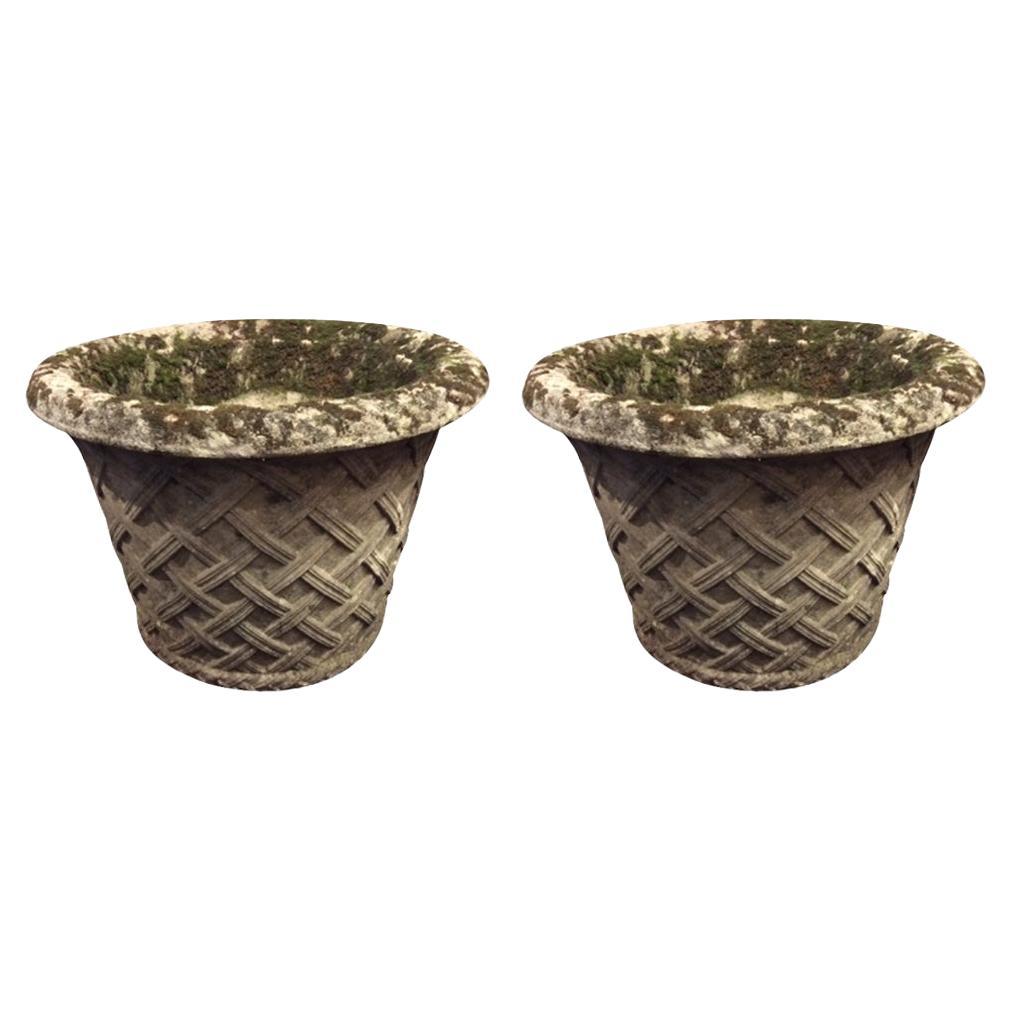 Large Pair Basketweave Stone Pots, England, 1920s For Sale