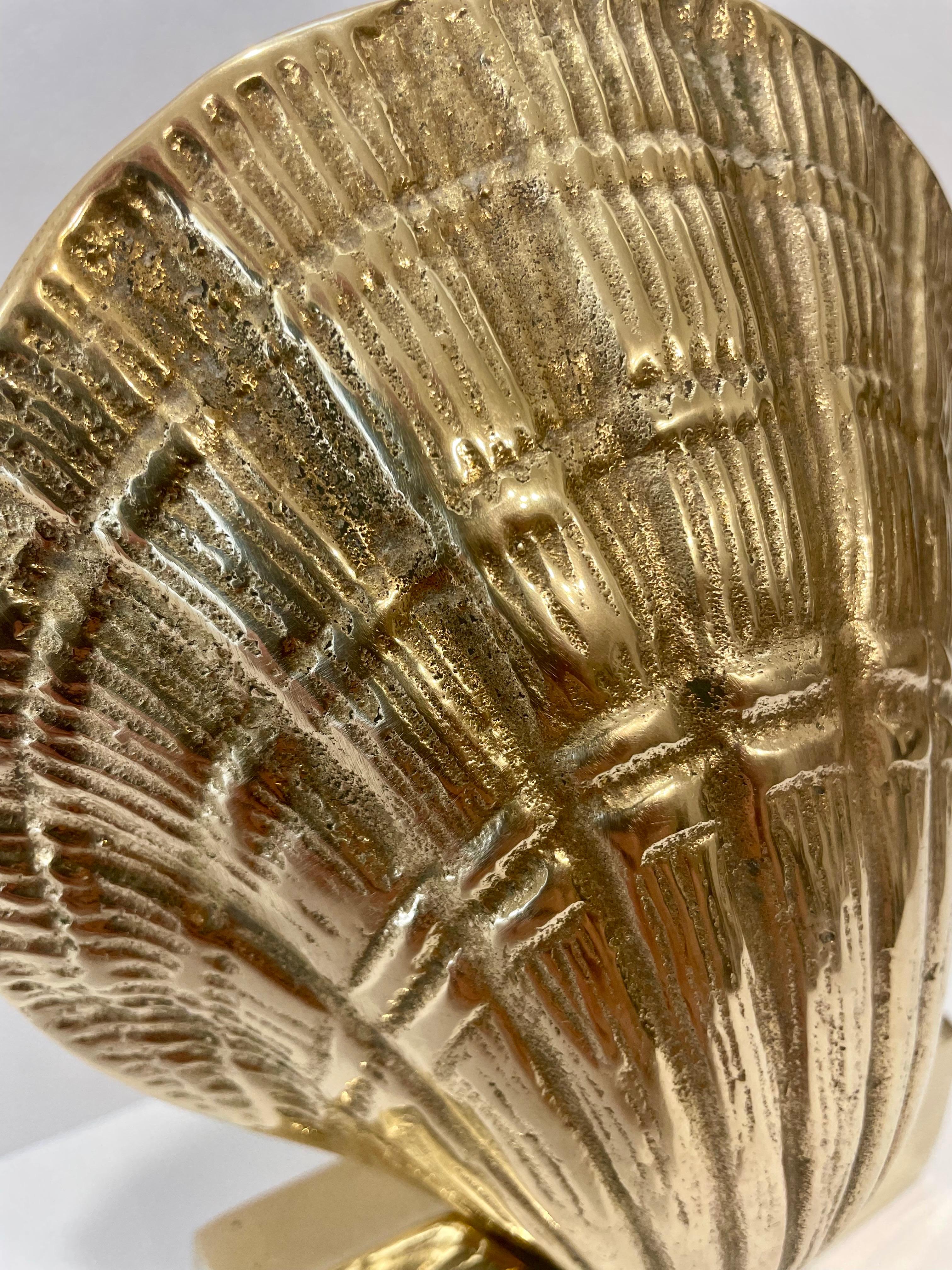 Ottone Coppia grande di reggilibri in ottone con conchiglia di vongola in vendita