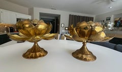 Large Pair Brass Lotus Flower Candleholders Feldman