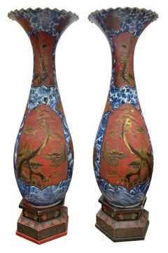 Large pair C19th Japanese Blue + White vases with Chinoiserie lacquer panels