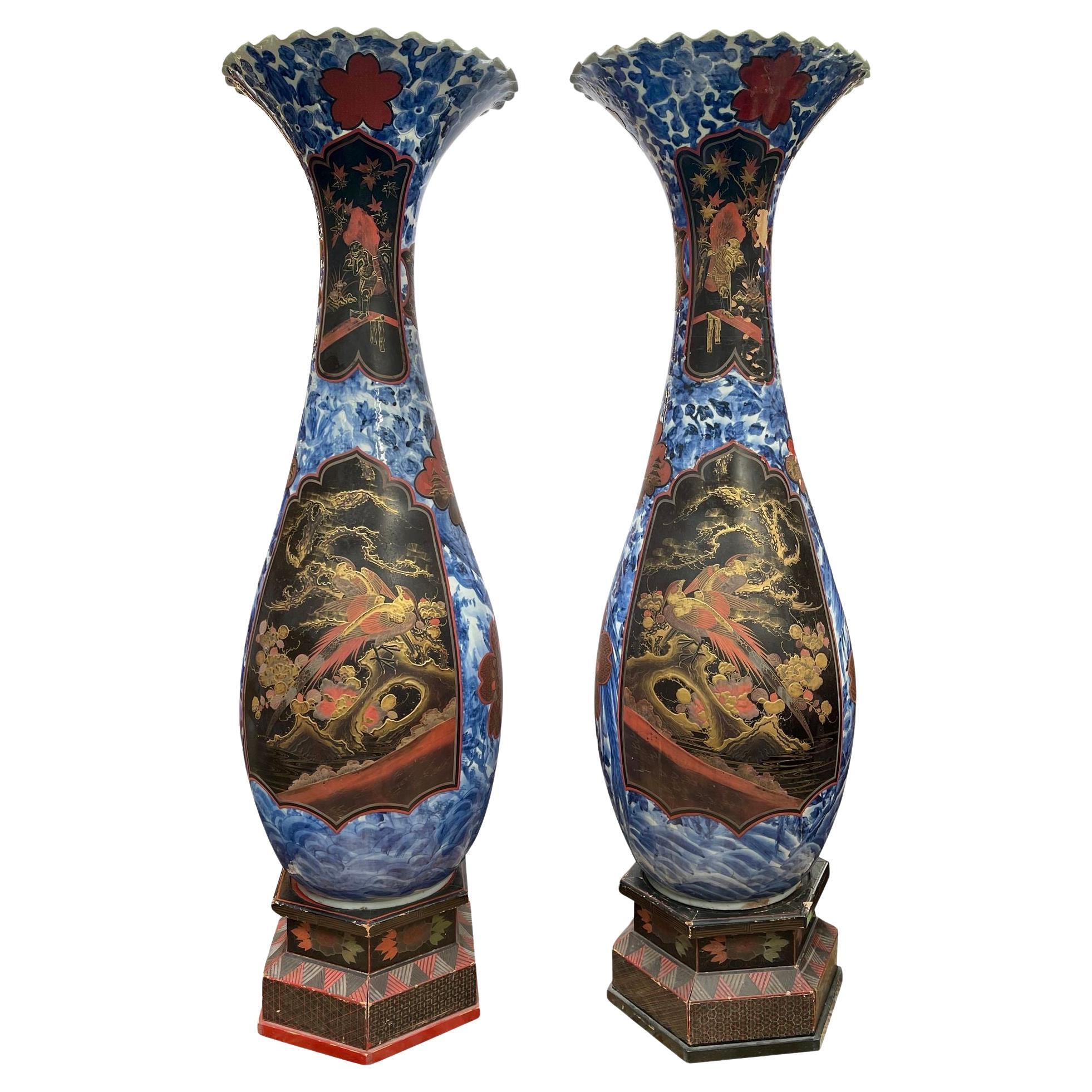 Large pair C19th Japanese Blue + White vases with Chinoiserie lacquer panels For Sale