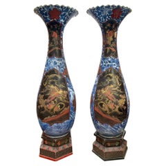 Large pair C19th Japanese Blue + White vases with Chinoiserie lacquer panels