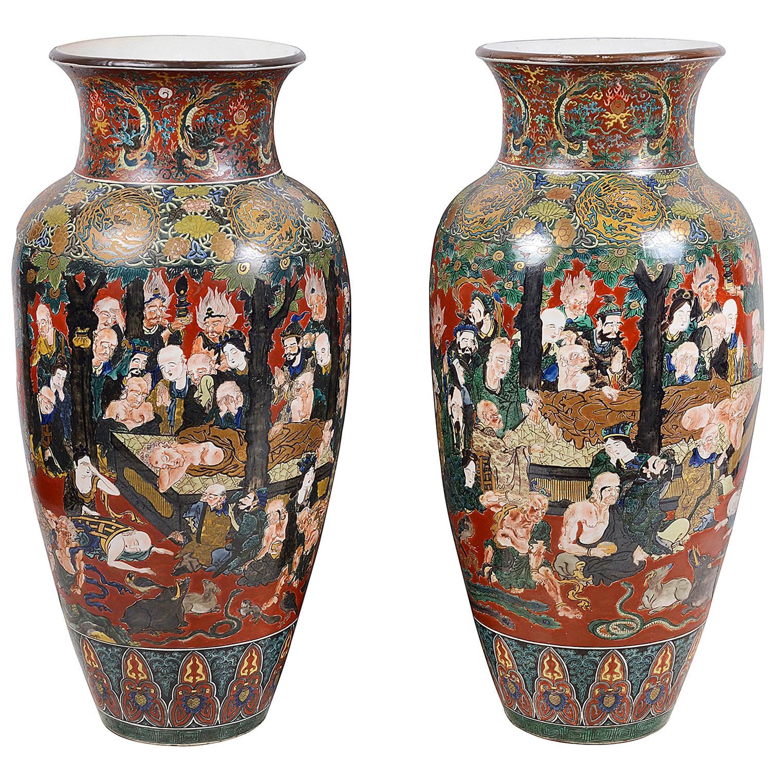 Large Pair of circa 19th Century Japanese Kutani Porcelain Vases For Sale