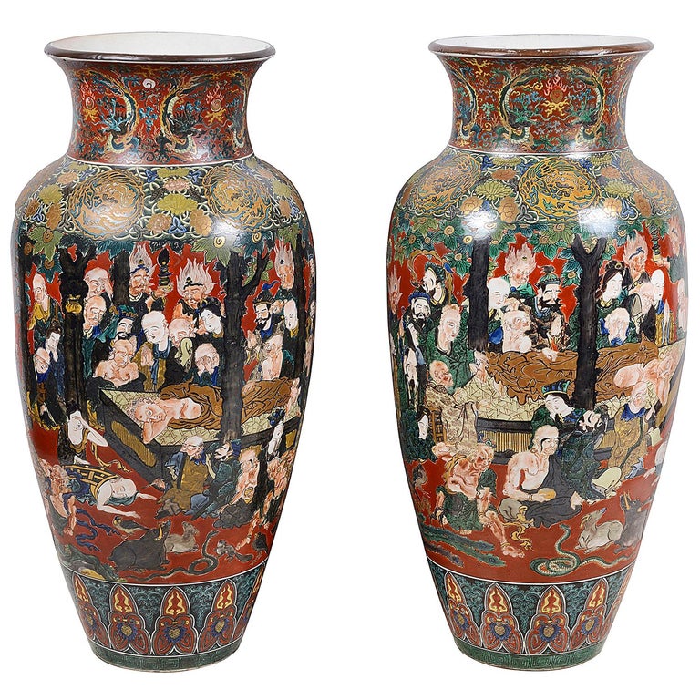 Large Pair of circa 19th Century Japanese Kutani Porcelain Vases For