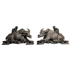 Large Pair ca 1900 Finely Chinese Carved Wood Statue of Ox and Boys Chinese