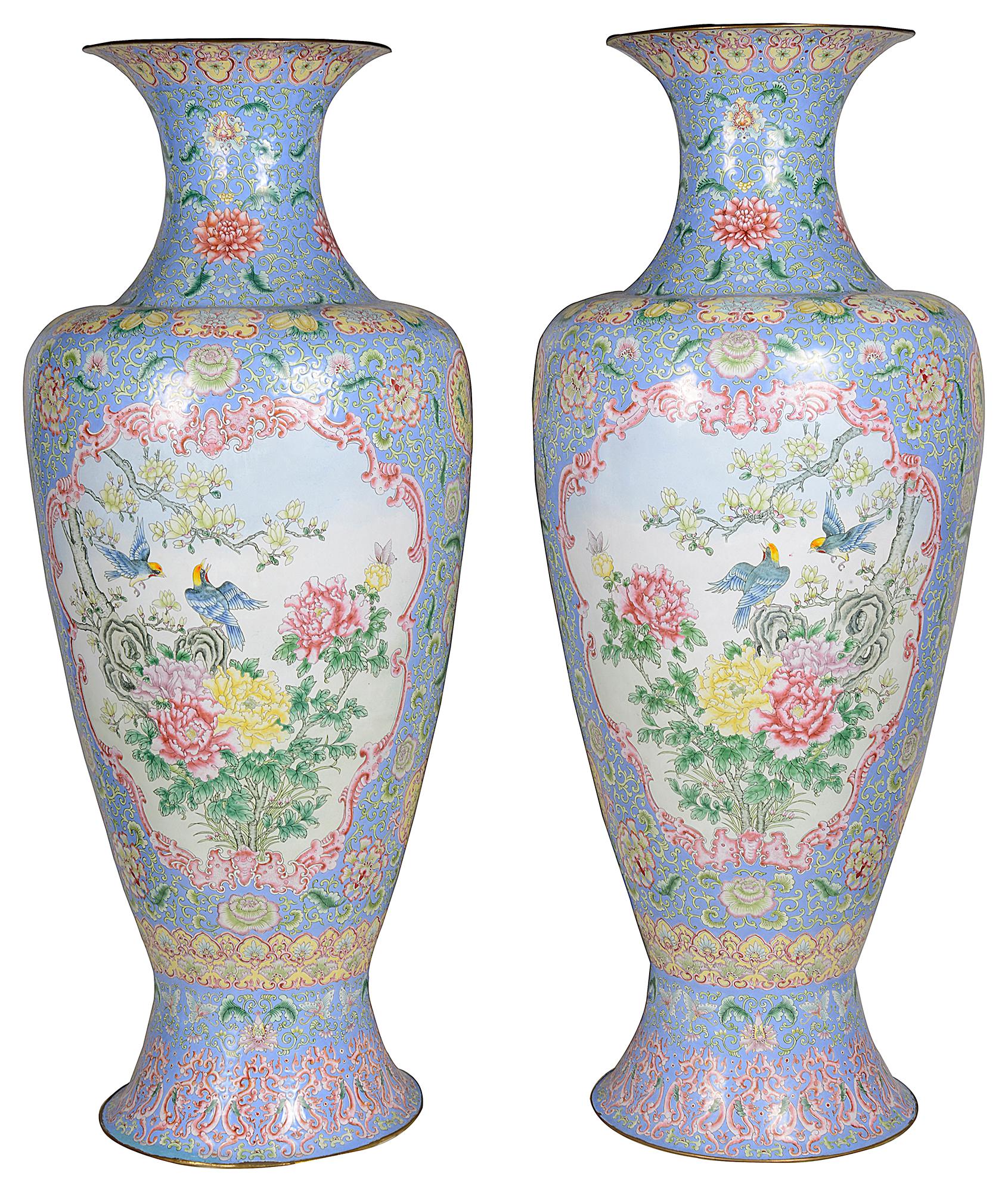 Large Pair Canton Enamel Vases, circa 1900 In Good Condition For Sale In Brighton, Sussex