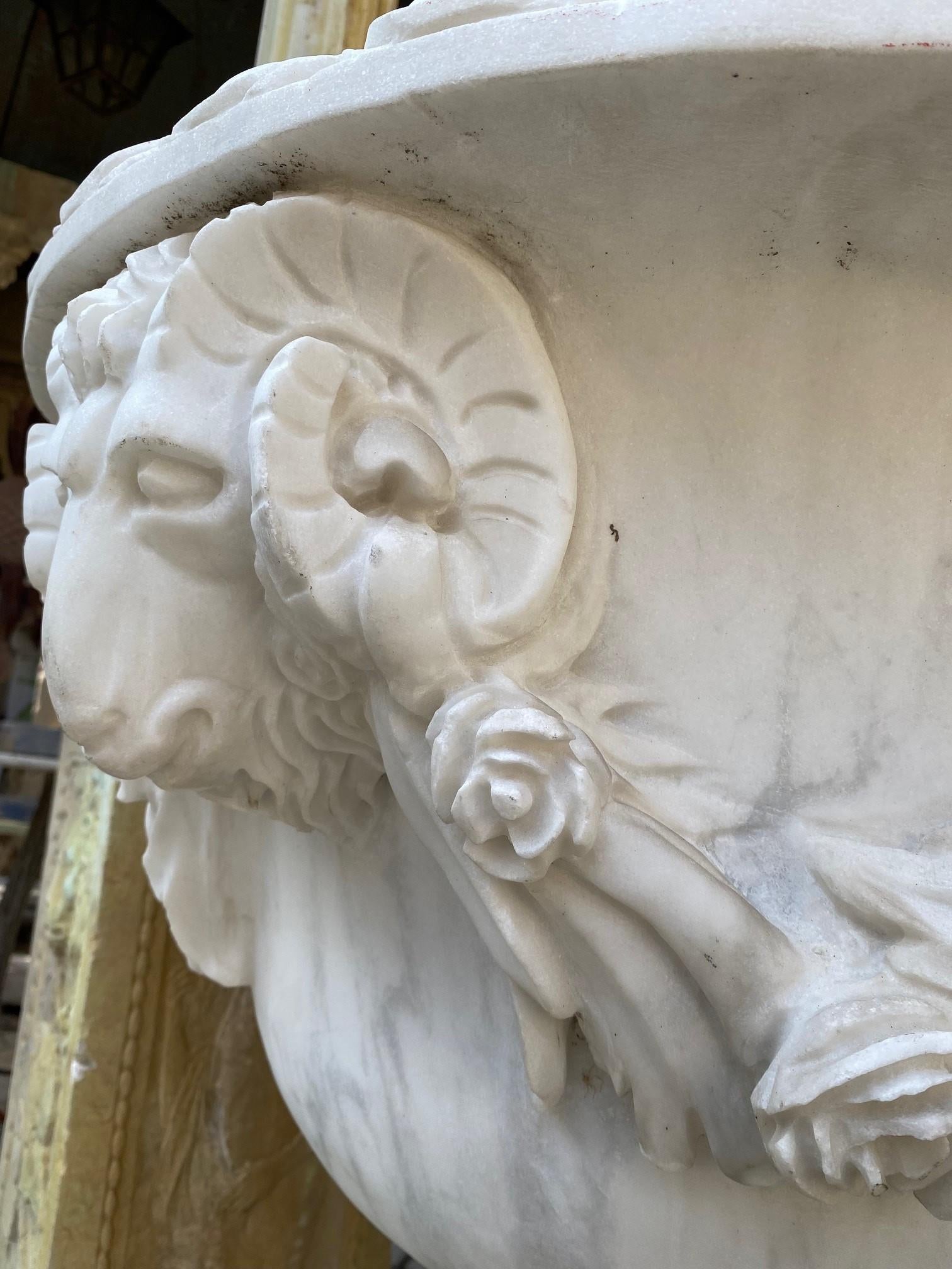 Large Pair Carved White Marble Stone Jardinière Urn Planter Antiques Los Angeles For Sale 5