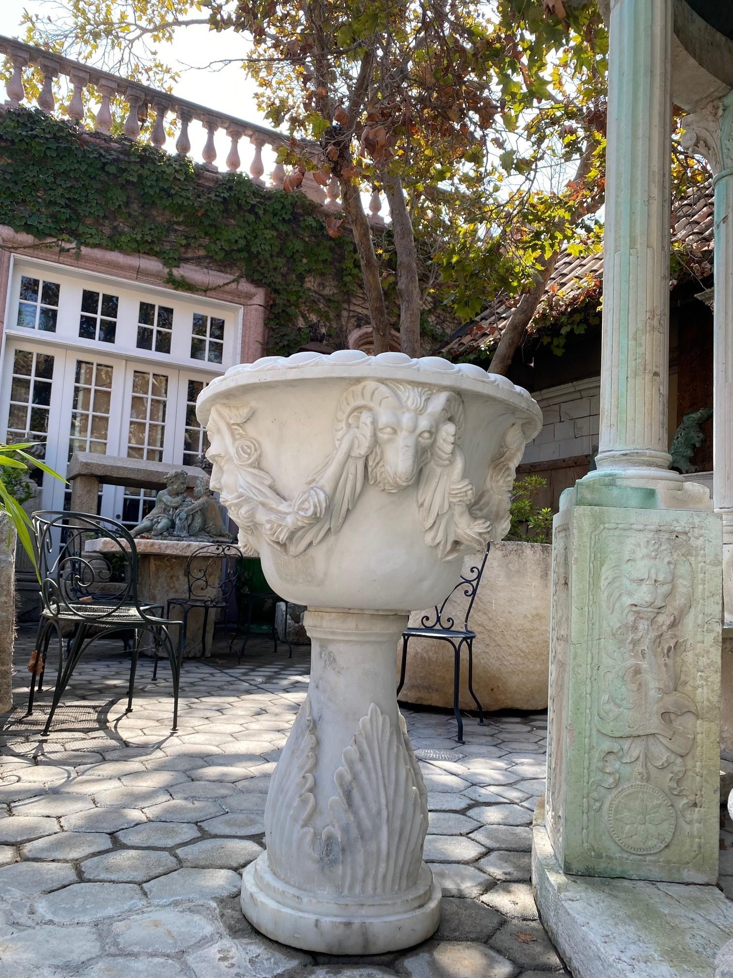Large Pair Carved White Marble Stone Jardinière Urn Planter Antiques Los Angeles For Sale 6