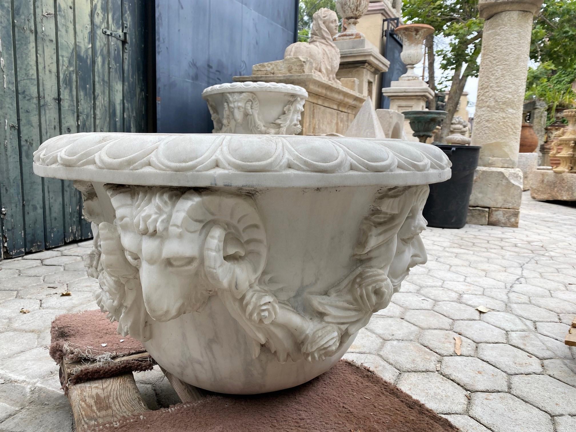 Large Pair Carved White Marble Stone Jardinière Urn Planter Antiques Los Angeles For Sale 8