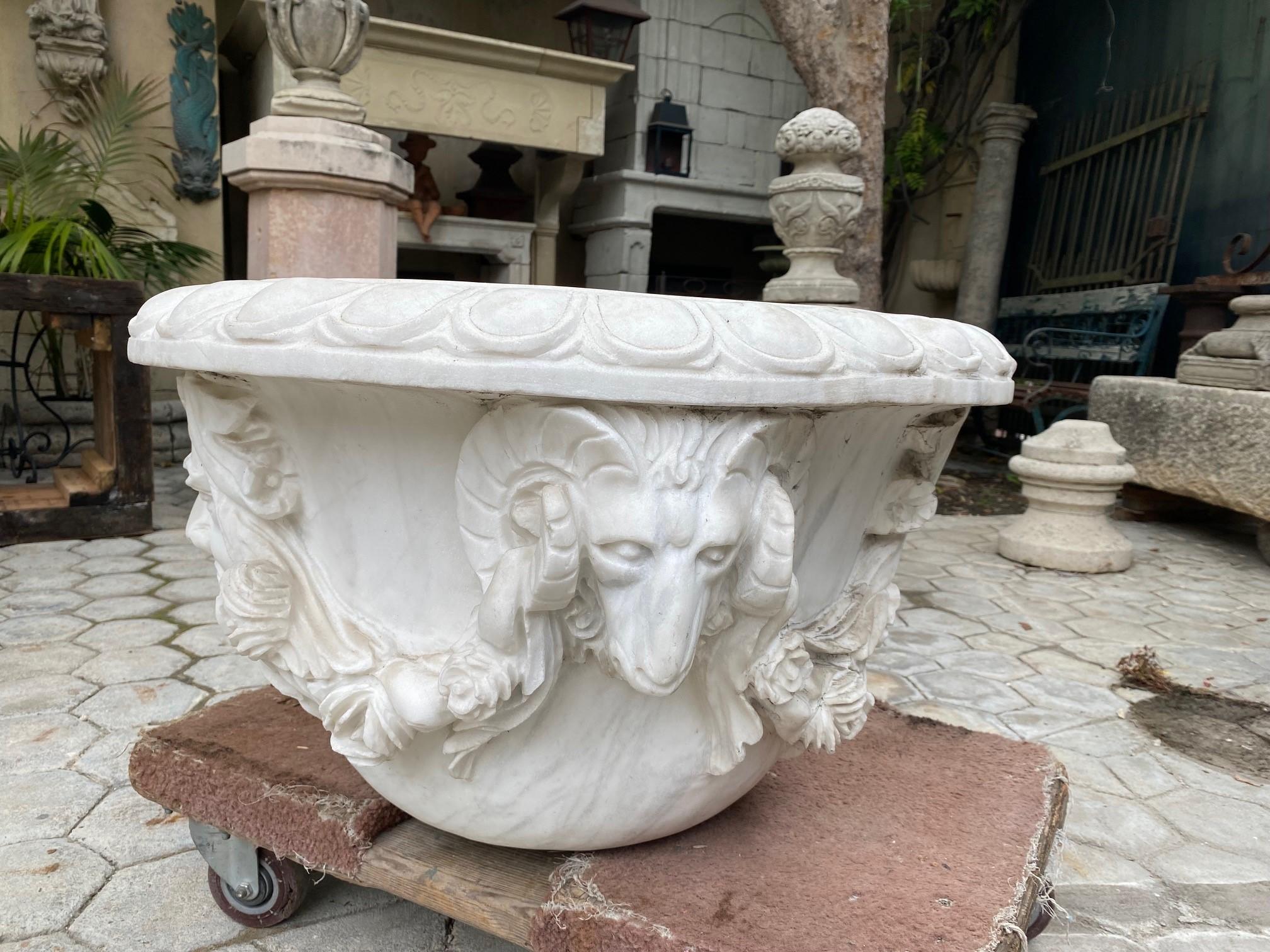 Large Pair Carved White Marble Stone Jardinière Urn Planter Antiques Los Angeles For Sale 9
