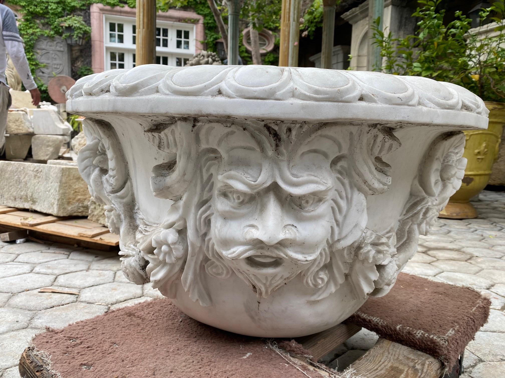 Large Pair Carved White Marble Stone Jardinière Urn Planter Antiques Los Angeles For Sale 10