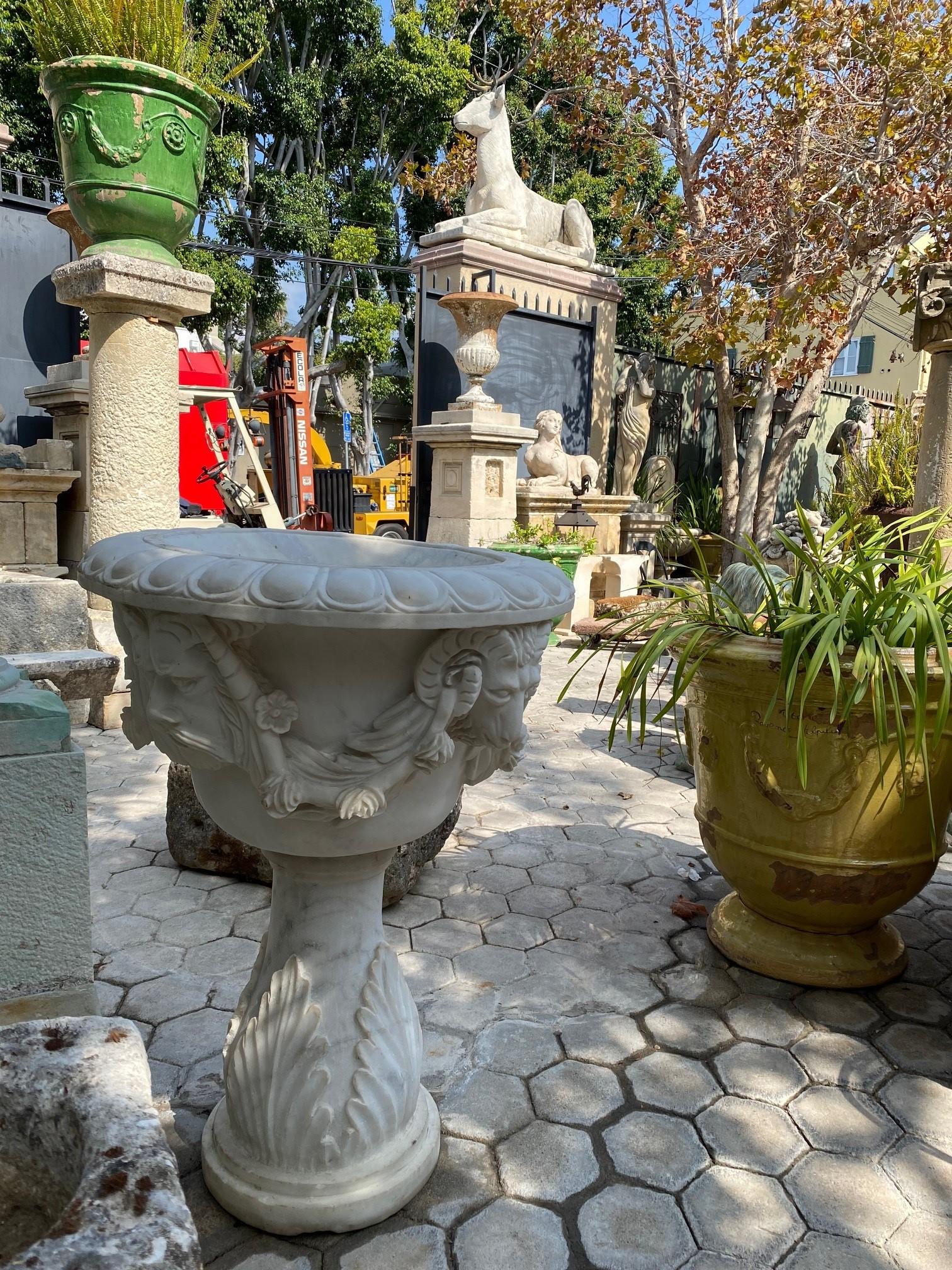 European Large Pair Carved White Marble Stone Jardinière Urn Planter Antiques Los Angeles For Sale