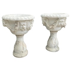 Large Pair Carved White Marble Stone Jardinière Urn Planter Antiques Los Angeles