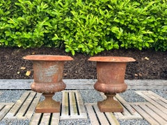 Large Pair Cast Iron Victorian Rococo Style Garden Urn Planters, late 20thC