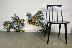 Large Pair Ceramic Art Pottery Sculptures "COCK FIGHTING" segmented plaque's