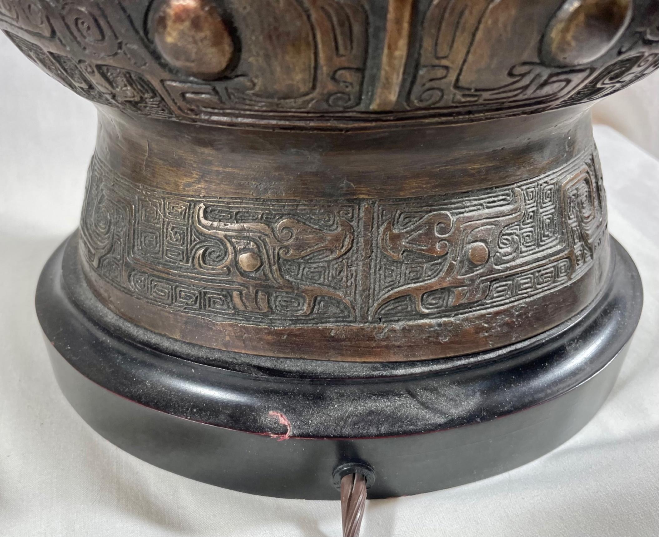 Large Pair Chinese Archaistic Style Lidded Bronze Vases, Urn Lamps 6