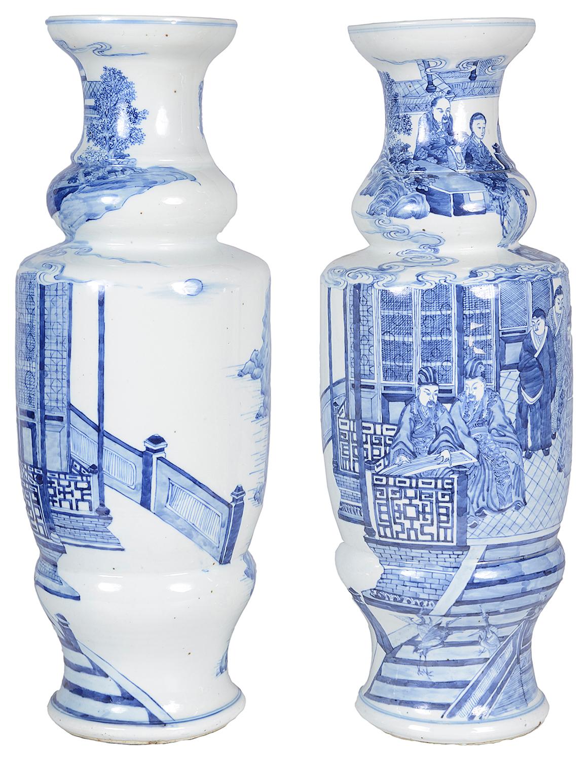 A very impressive pair of 20th century Chinese blue and white vases. Each having painted scenes of courtiers seated with attendants around.
We can arrange to have these vases lamped within the price if needs be. Image attached with example of lamp