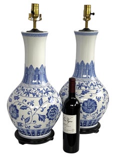 Large Pair Chinese Blue & White Bottle-form Lamps