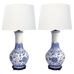 Large Pair Chinese Blue & White Bottle-form Lamps
