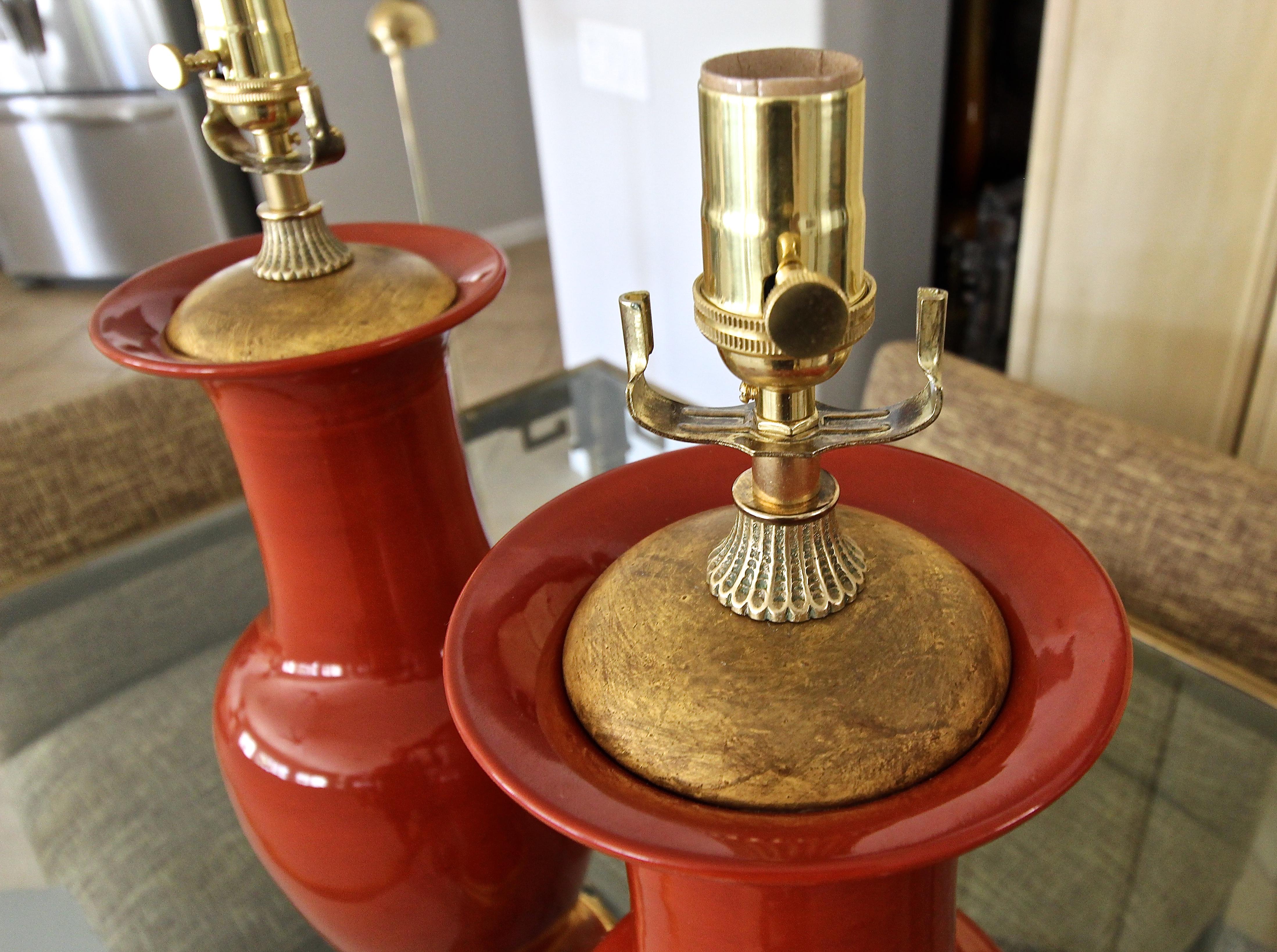 Large Pair of Chinese Burnt Orange Porcelain Table Lamps 5