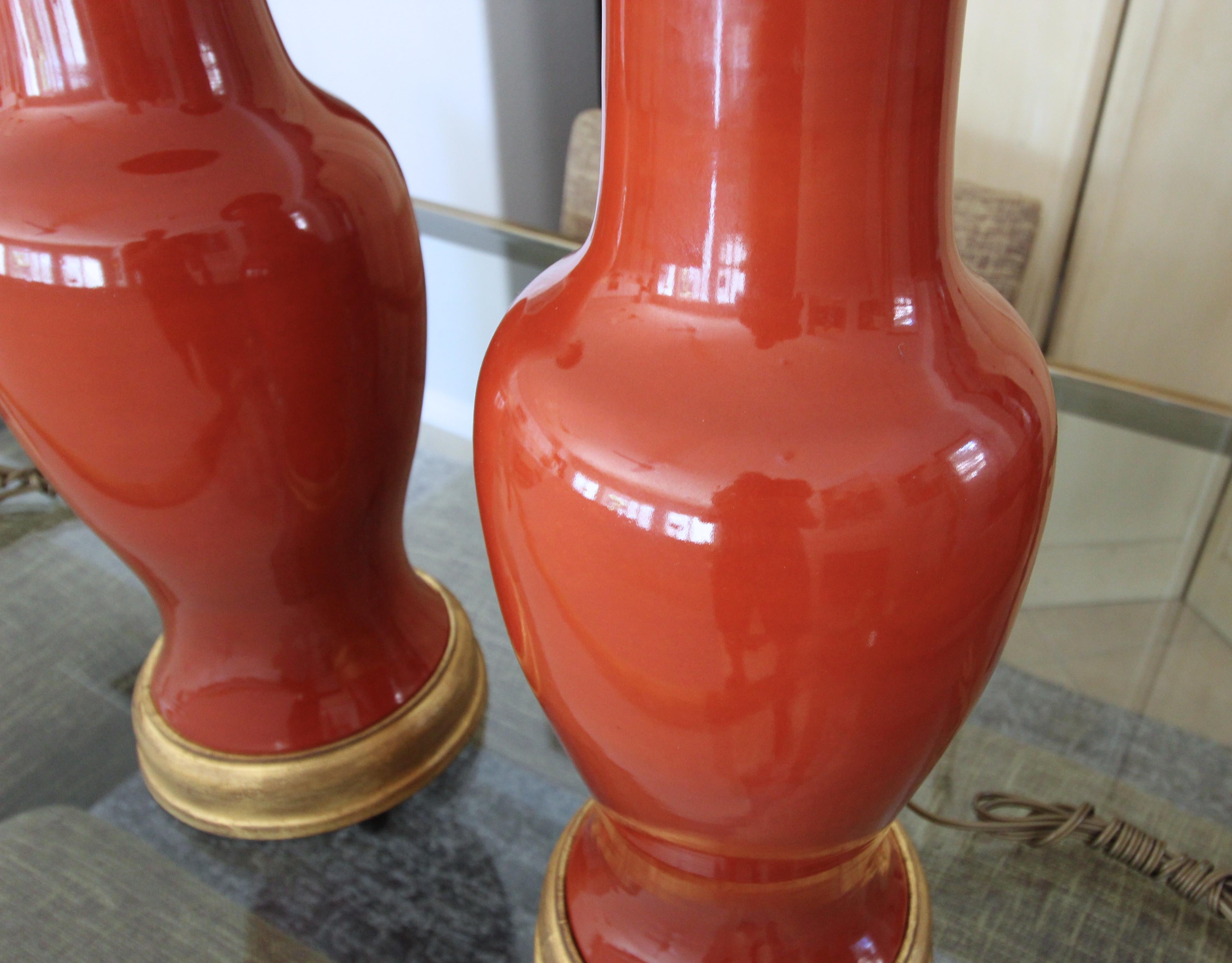 Large Pair of Chinese Burnt Orange Porcelain Table Lamps 6