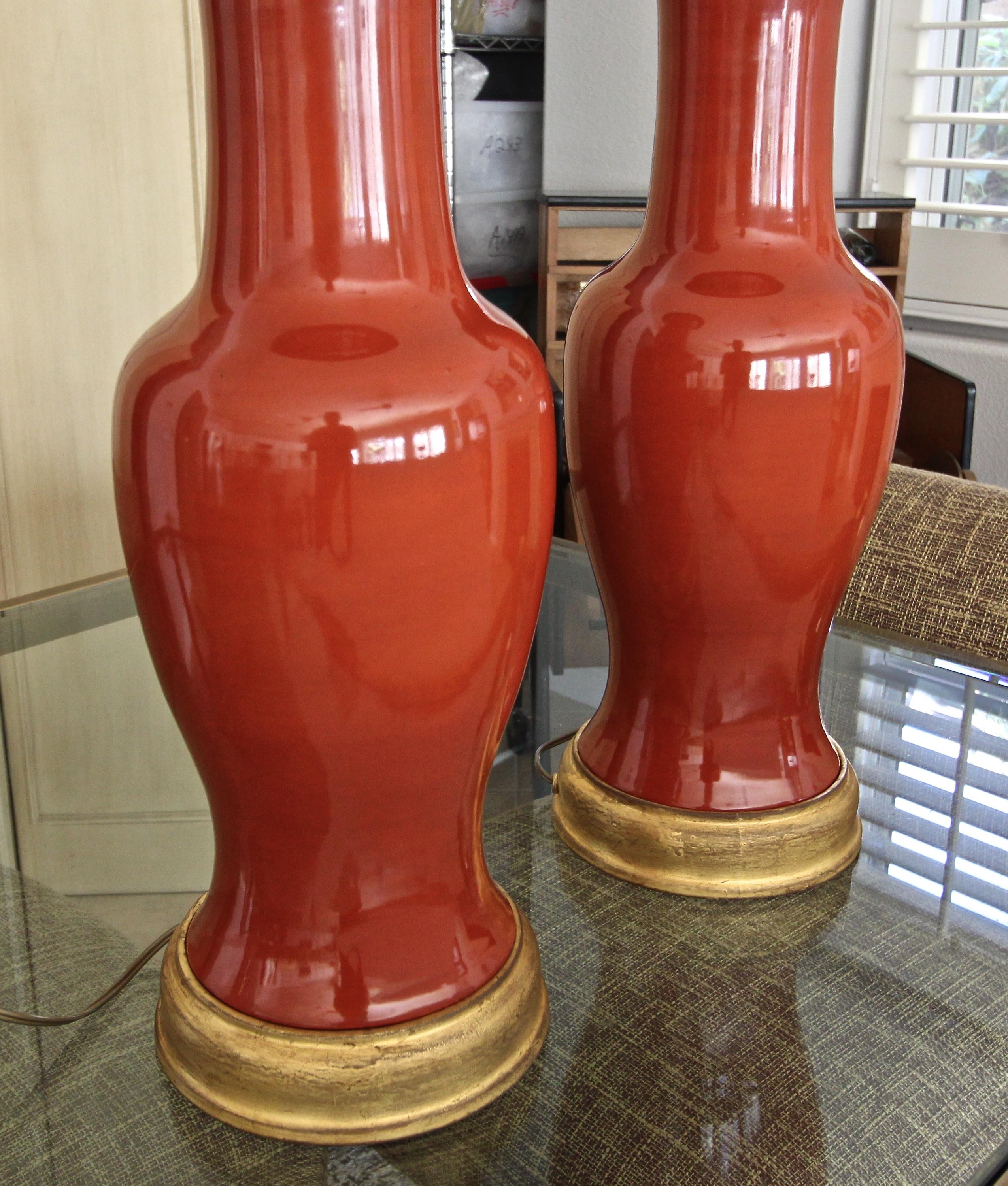 Large Pair of Chinese Burnt Orange Porcelain Table Lamps 7