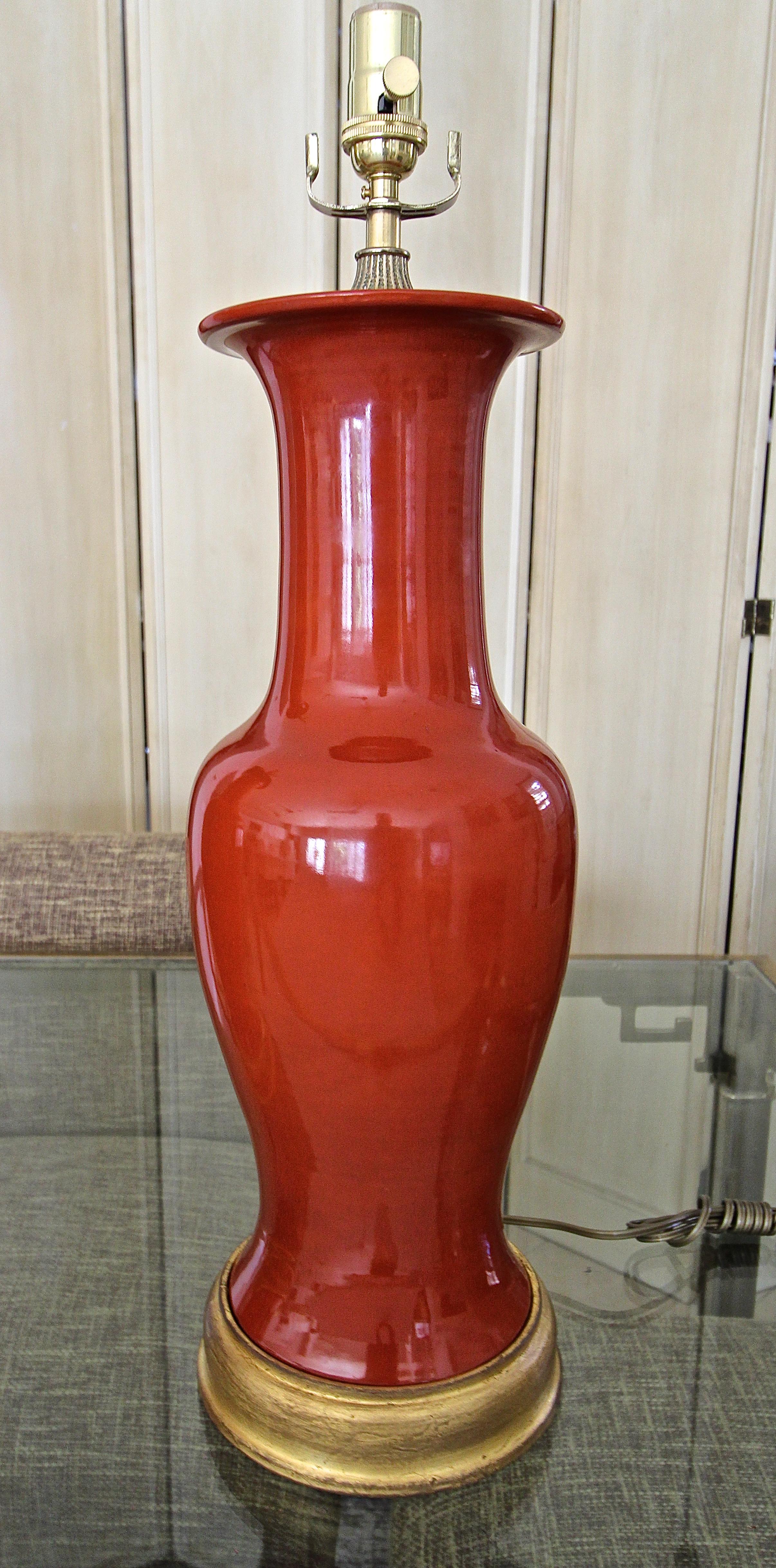 Large Pair of Chinese Burnt Orange Porcelain Table Lamps In Good Condition In Palm Springs, CA