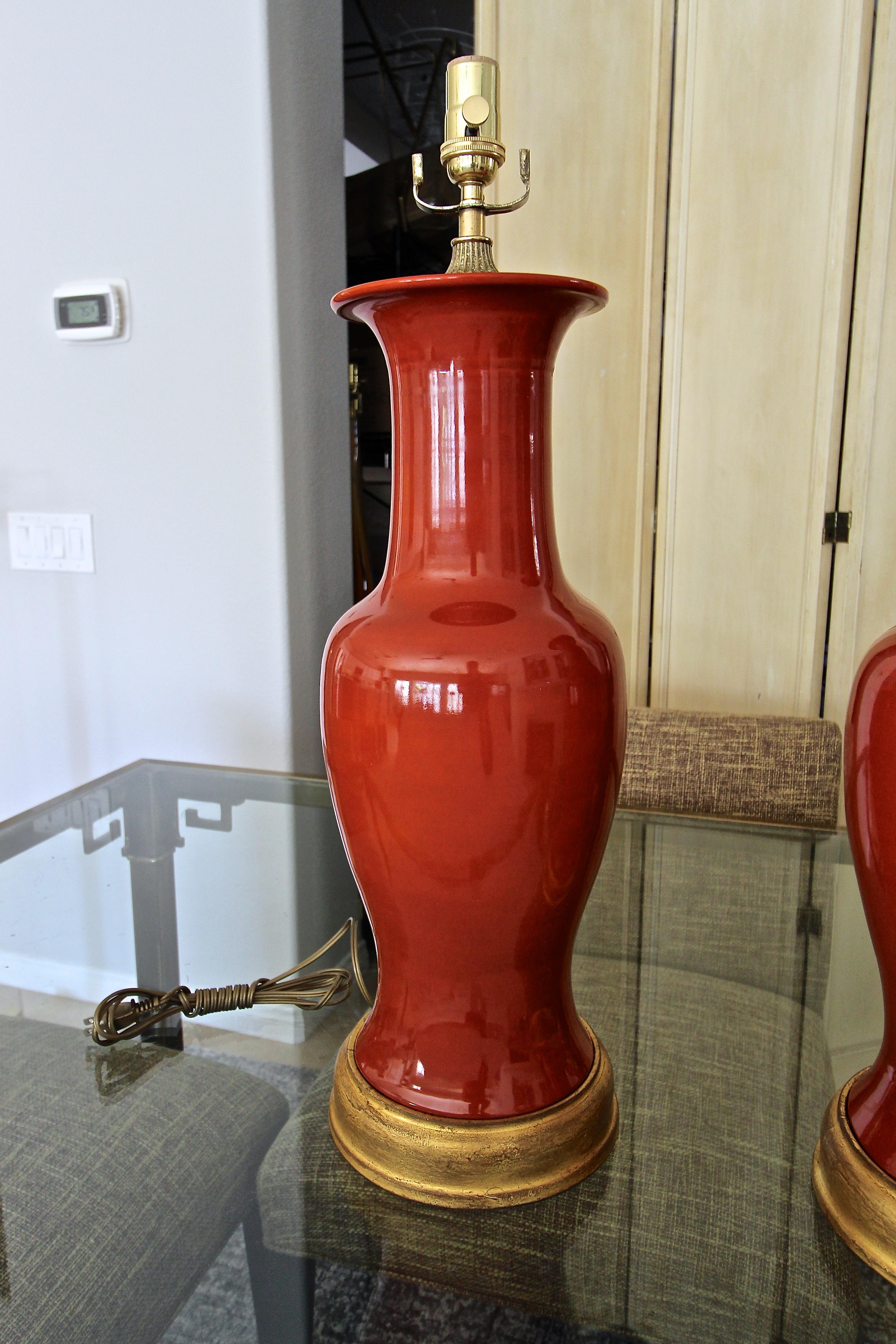 Mid-20th Century Large Pair of Chinese Burnt Orange Porcelain Table Lamps