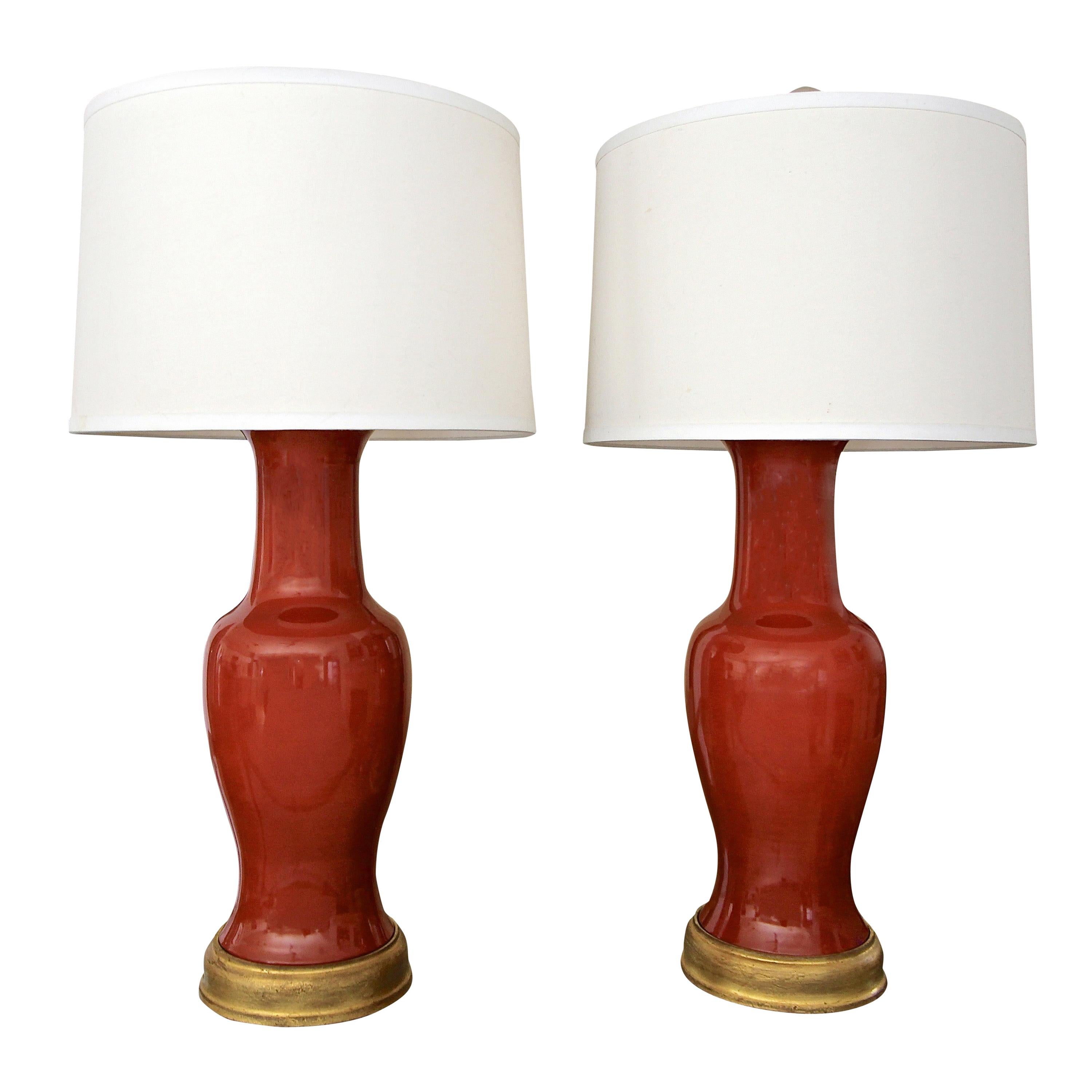 Large Pair of Chinese Burnt Orange Porcelain Table Lamps
