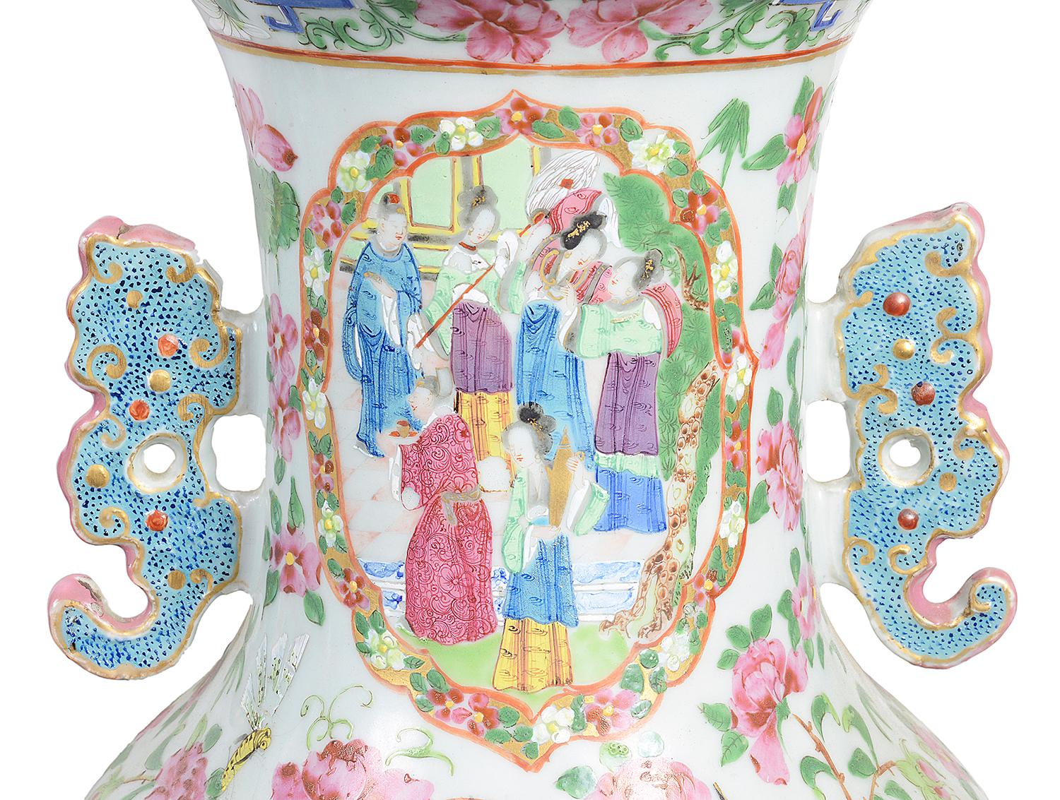 Hand-Painted Large Pair Chinese Cantonese / Rose Medallion Vases, 19th Century For Sale