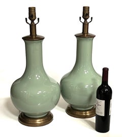 Large Pair Chinese Celadon Glazed Bottle-form Porcelain Lamps