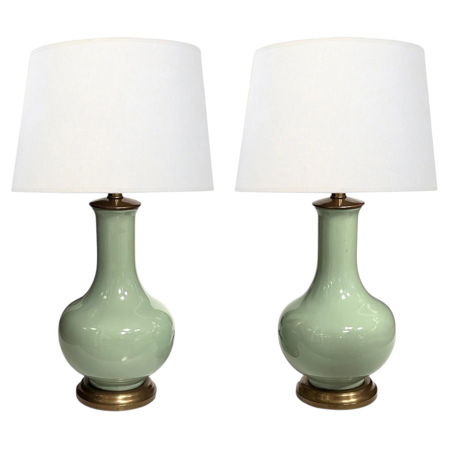 Large Pair Chinese Celadon Glazed Bottle-form Porcelain Lamps