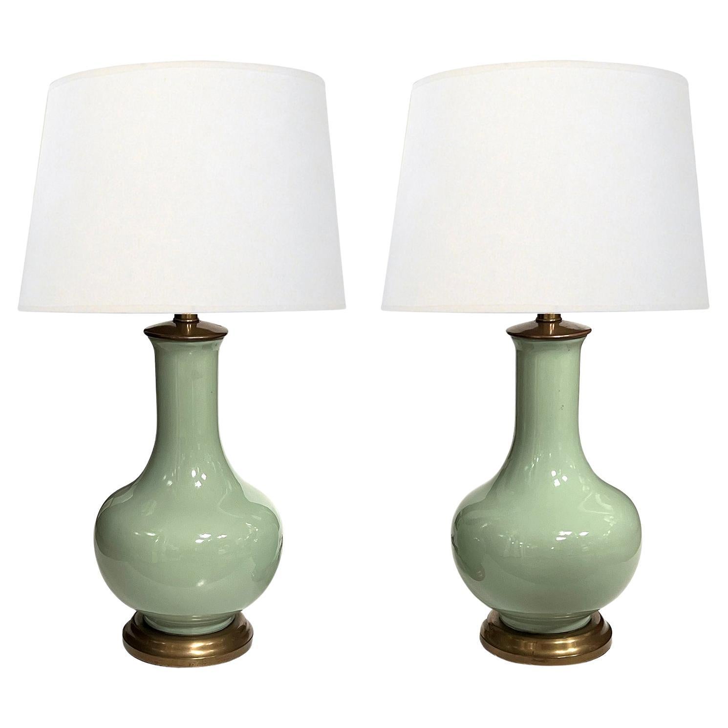 Large Pair Chinese Celadon Glazed Bottle-form Porcelain Lamps